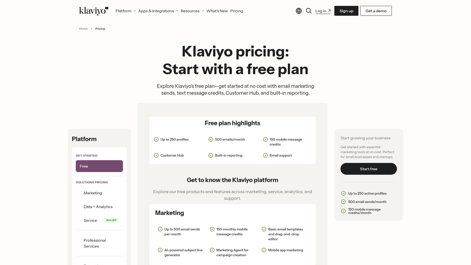 Klaviyo pricing page screenshot