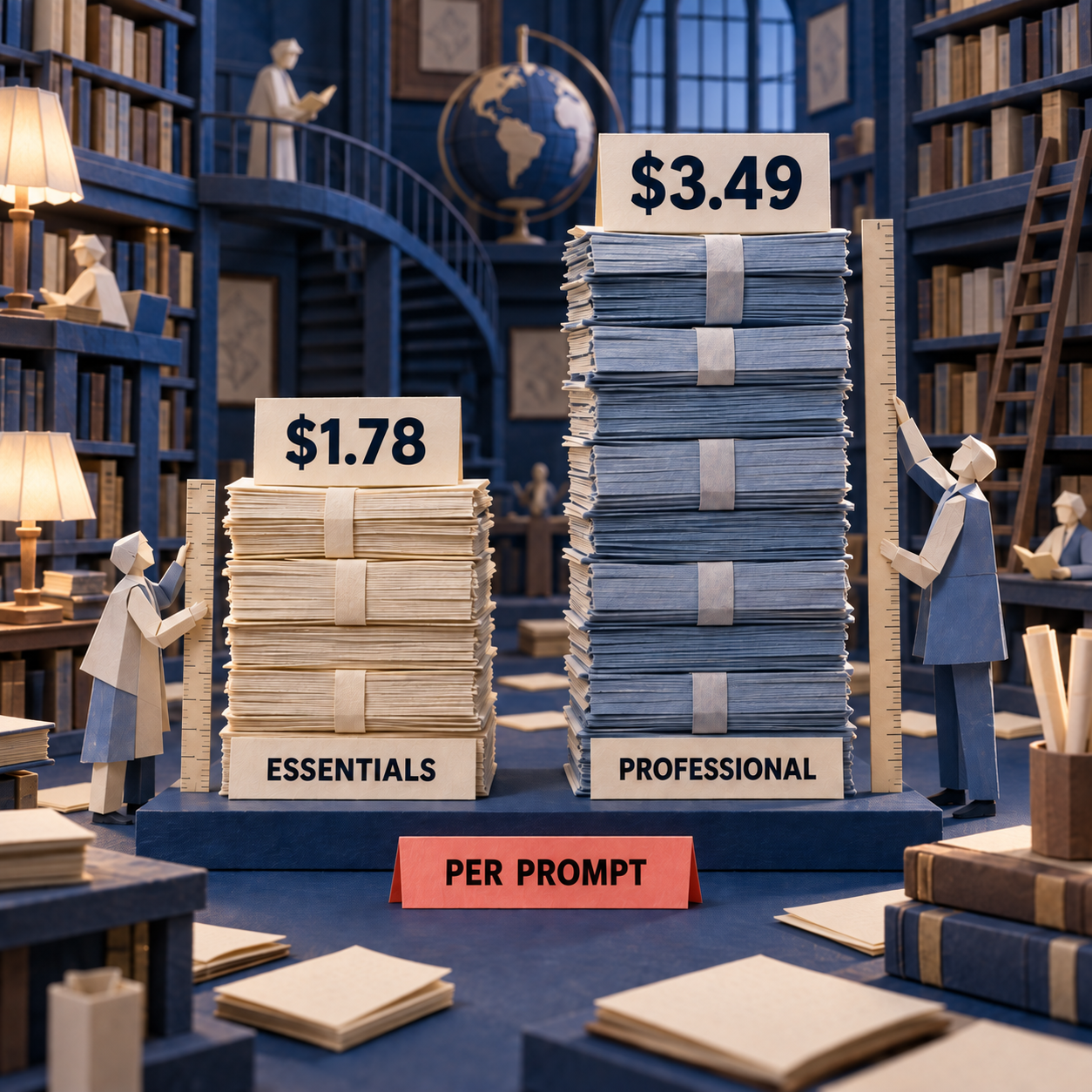 Paper-craft bar chart comparing OmniSEO cost per saved prompt on Essentials and Professional