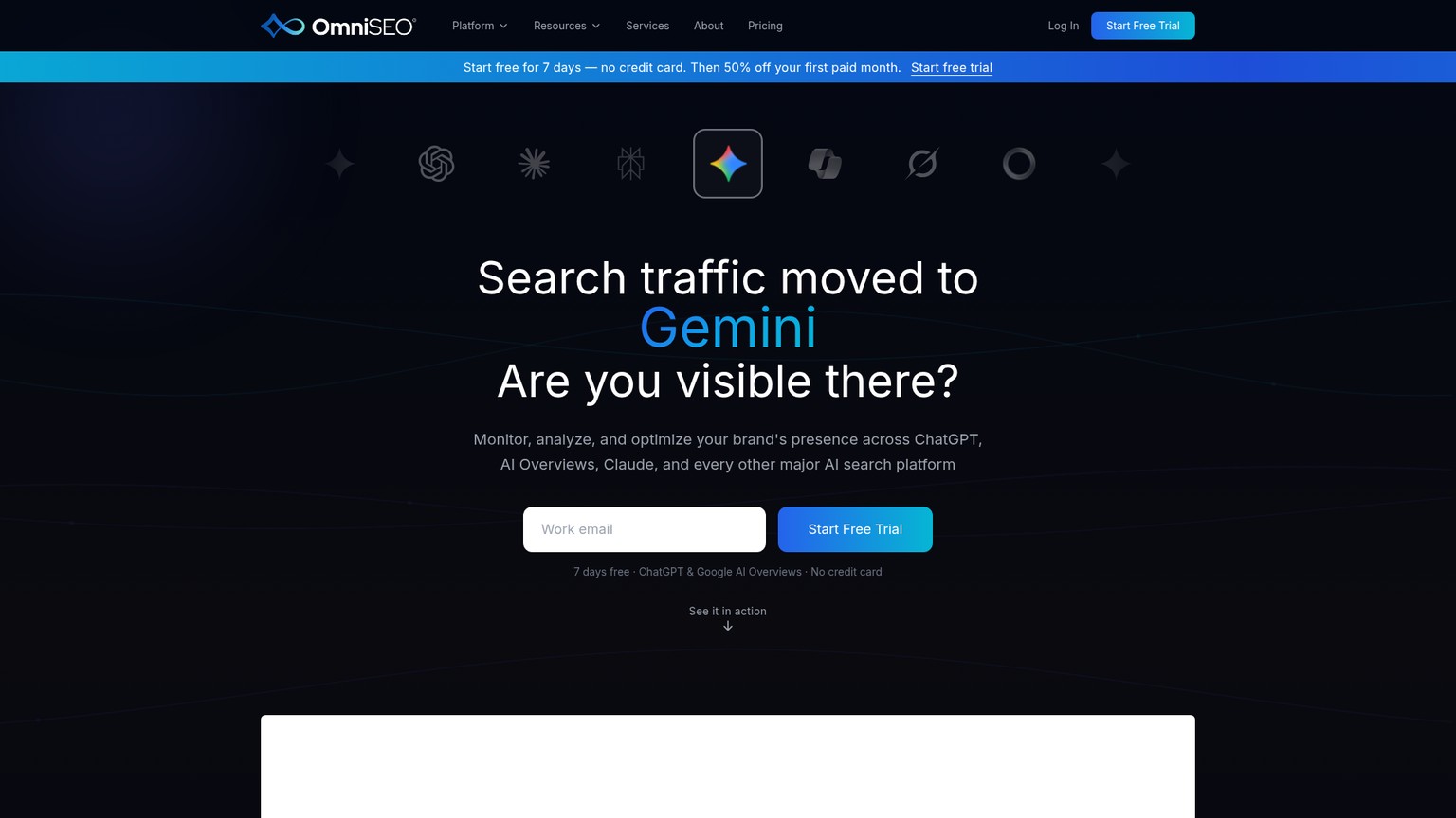 OmniSEO homepage presenting its AI search visibility platform