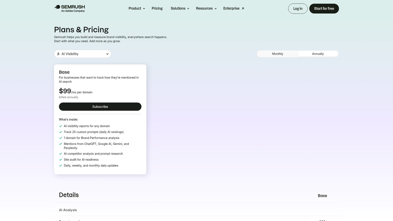 Semrush AI Visibility Toolkit pricing page