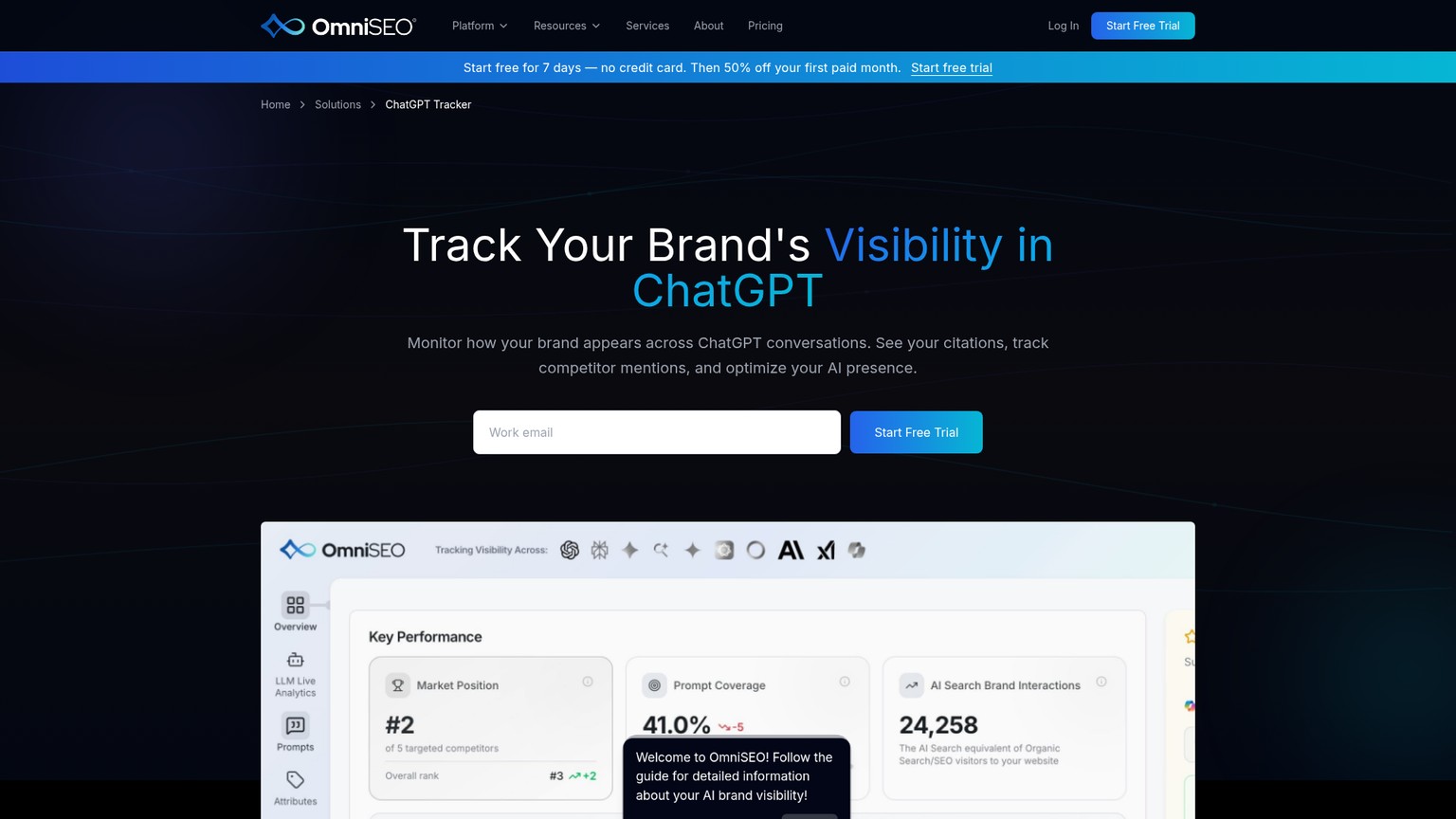 OmniSEO ChatGPT tracking page explaining brand mentions and citation monitoring