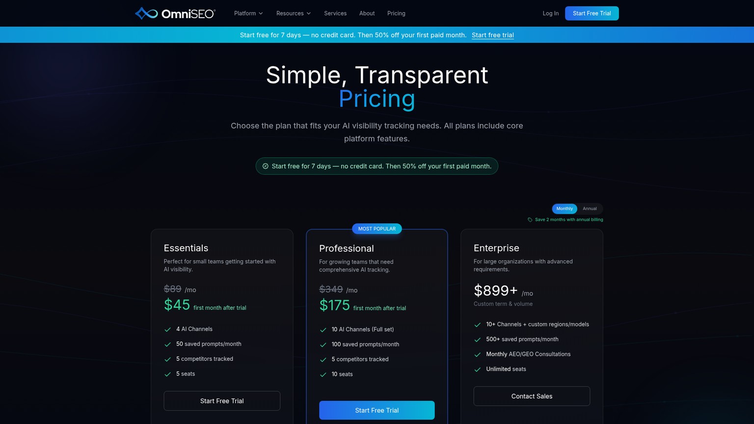 OmniSEO pricing matrix showing plan limits and export availability