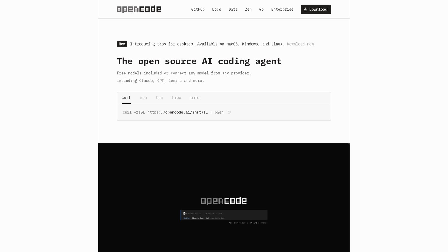 OpenCode open-source coding agent homepage