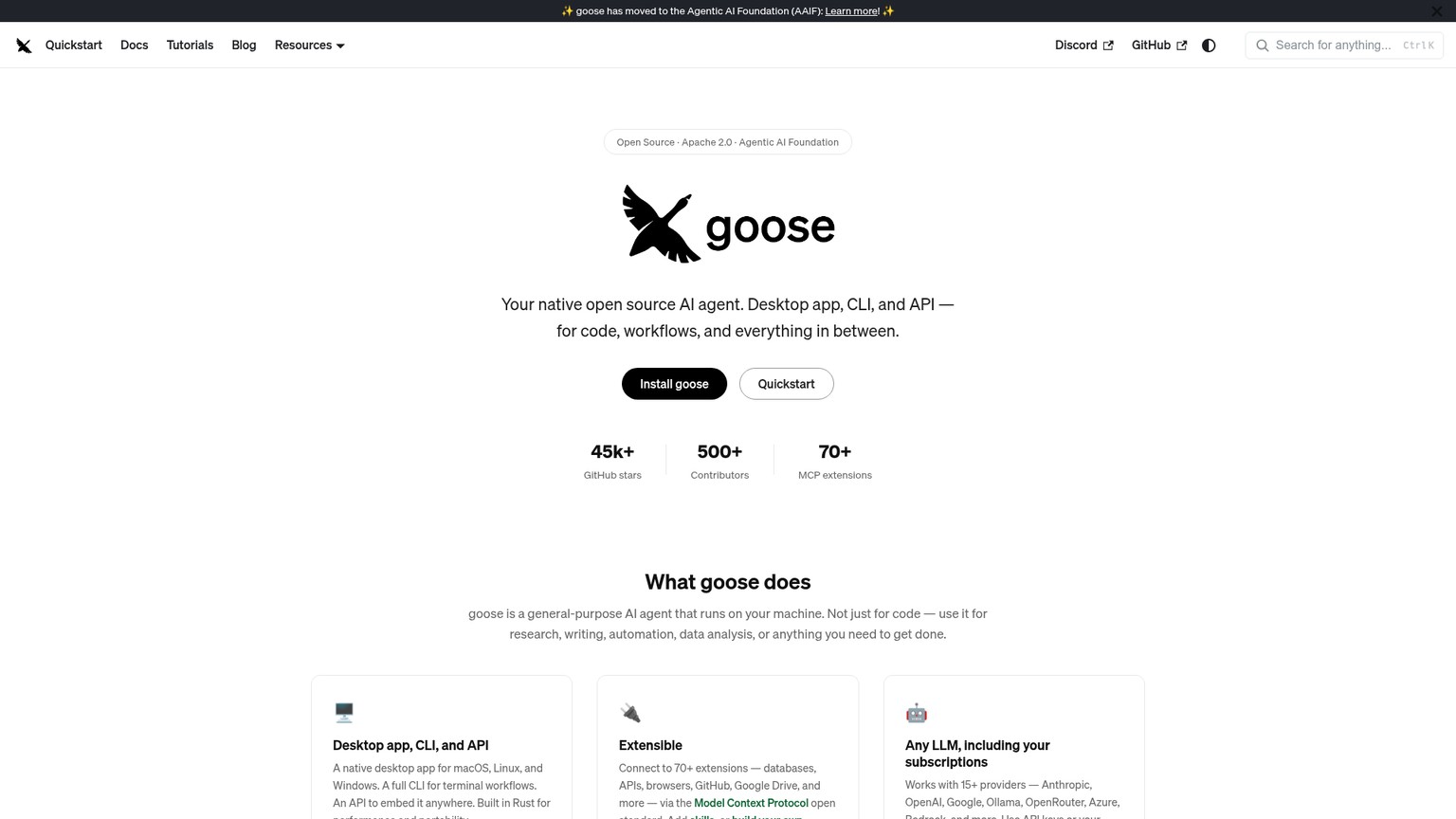goose open-source AI agent homepage