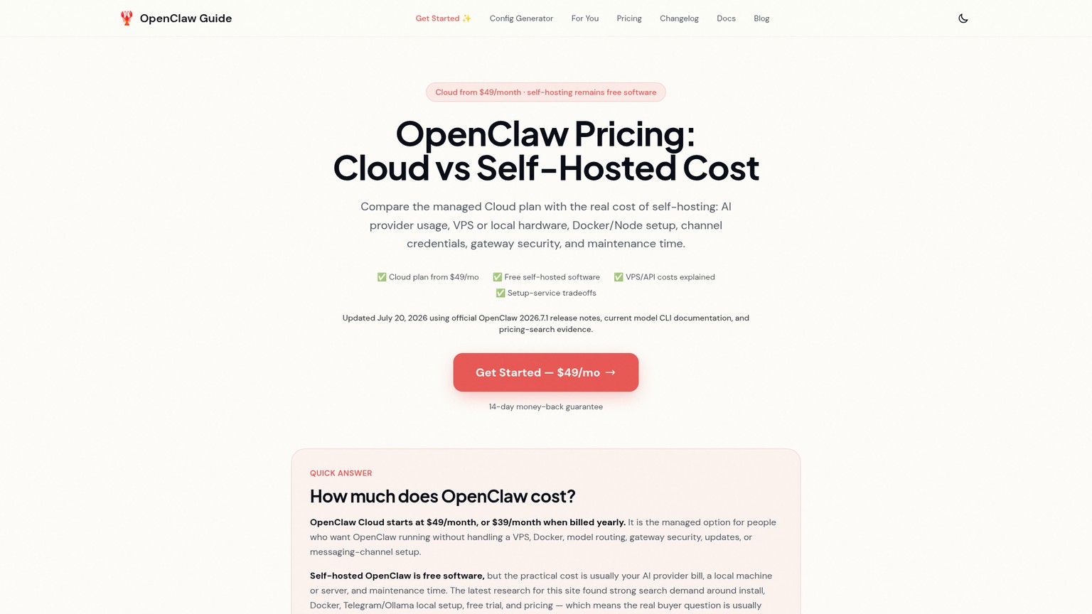 Preise des Managed Service von getopenclaw mit monatlicher und jährlicher Hosting-Option