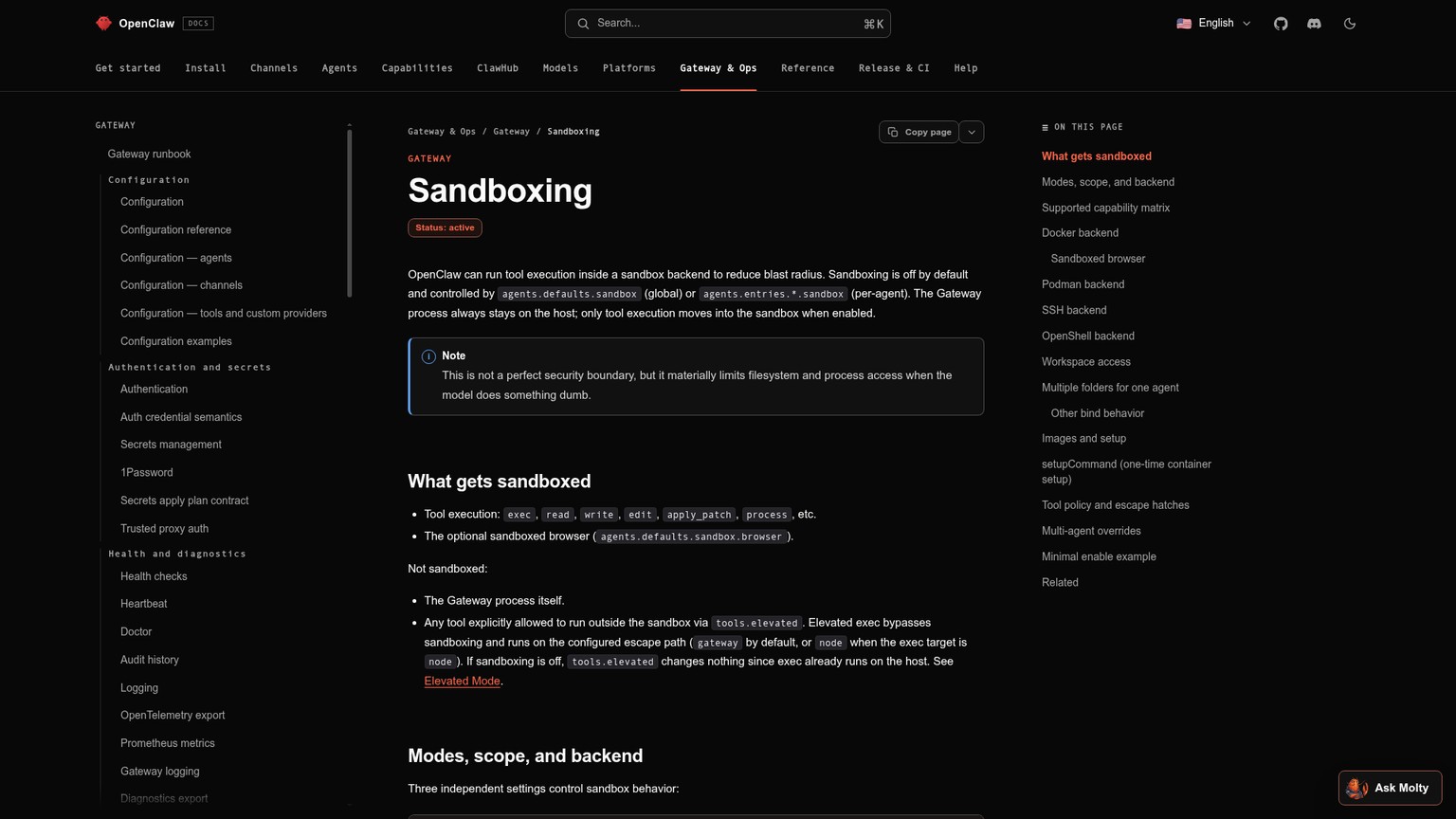 OpenClaw sandboxing documentation showing sandbox mode defaults and the Gateway boundary