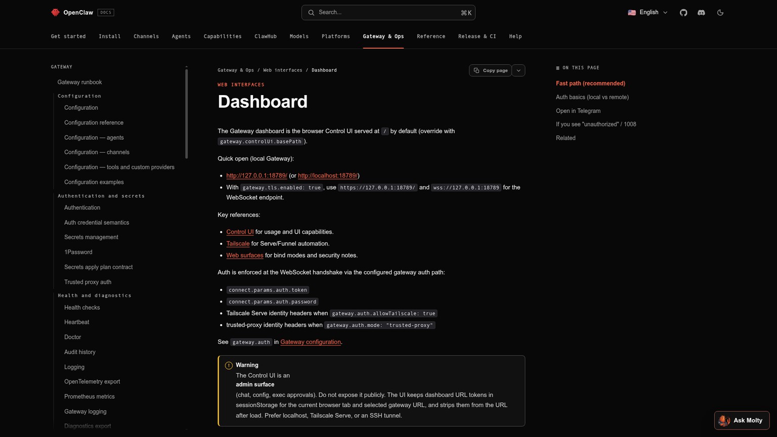 OpenClaw documentation for the Gateway dashboard and Control UI authentication