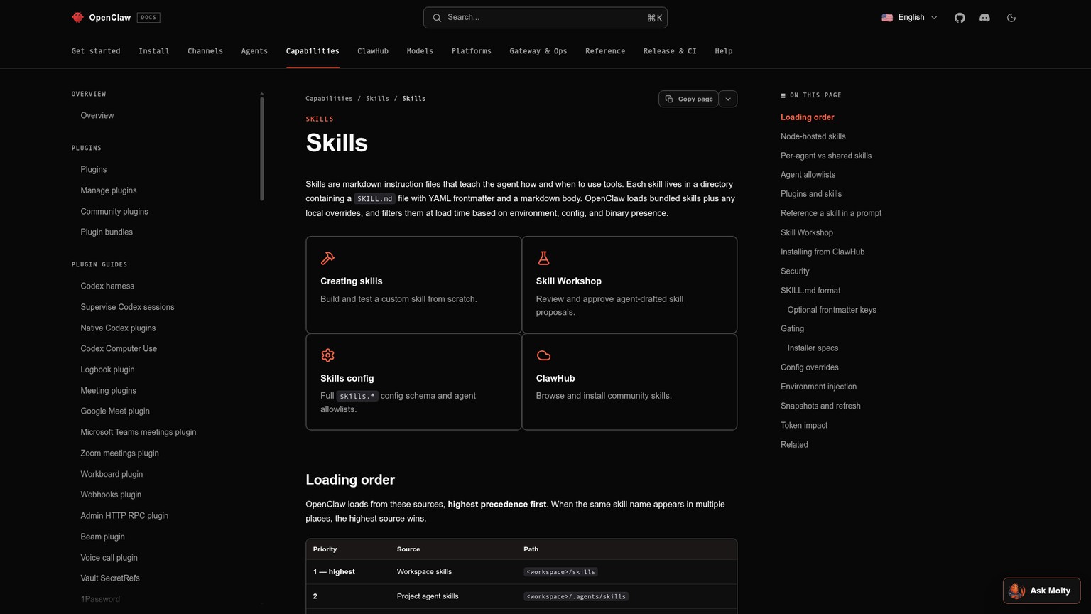 OpenClaw skills documentation showing SKILL.md, ClawHub, verification, and install policy