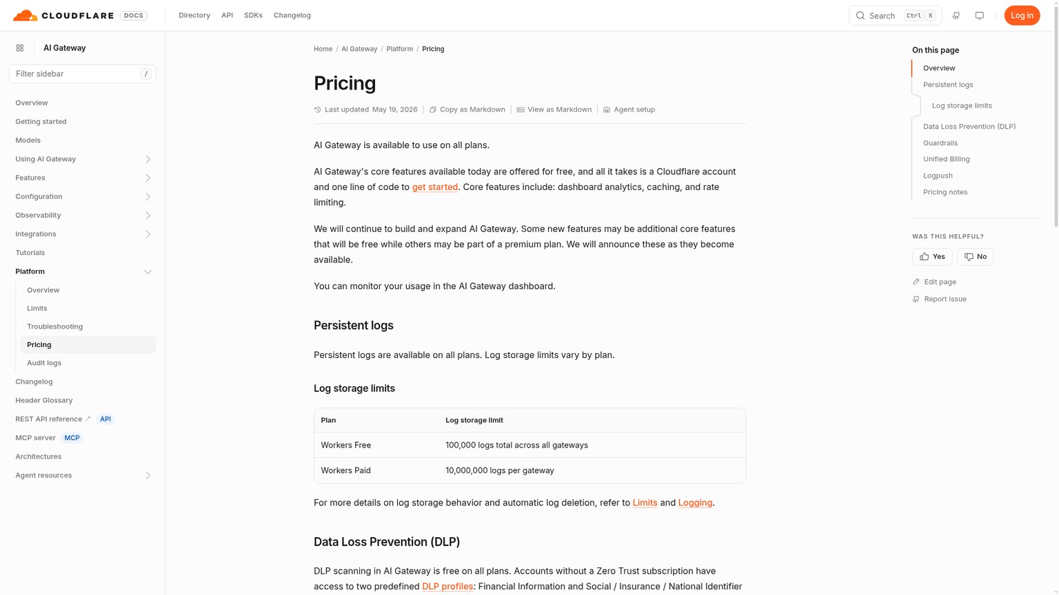 Cloudflare AI Gateway pricing and log limits