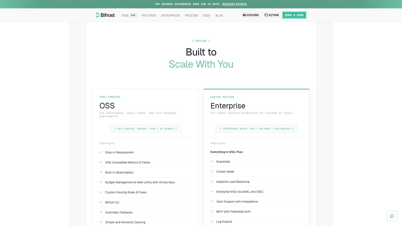 Bifrost pricing page with OSS and Enterprise tiers