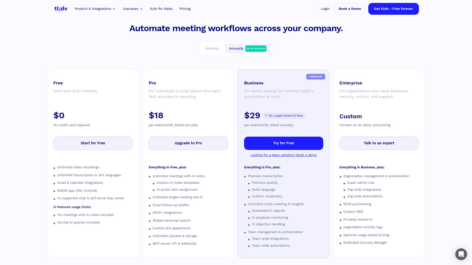 tl;dv pricing page showing Free, Pro, Business, and Enterprise plans