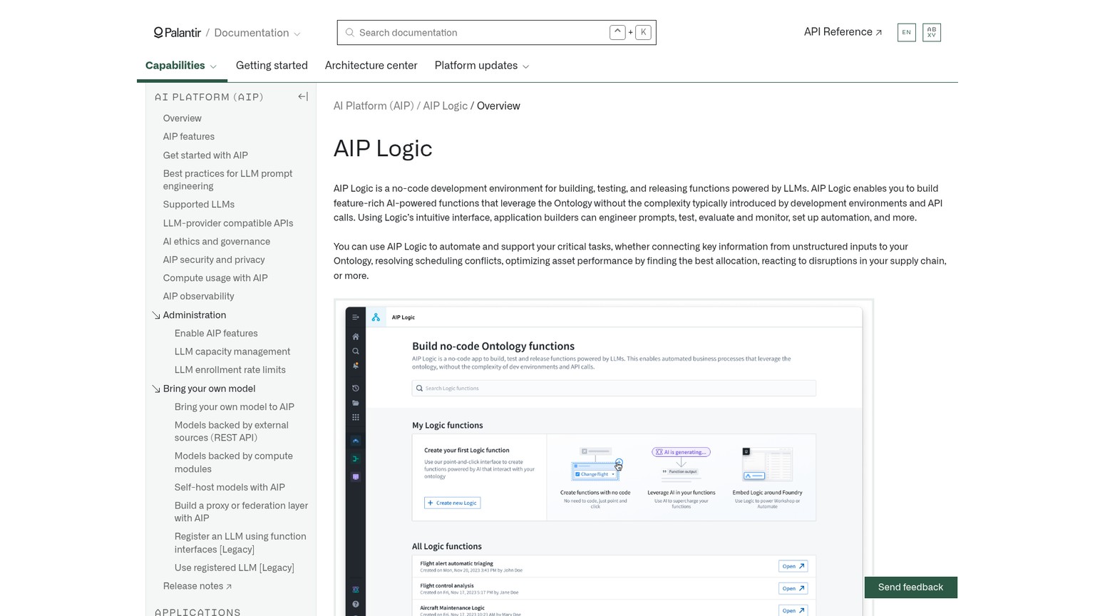Palantir AIP Logic documentation page