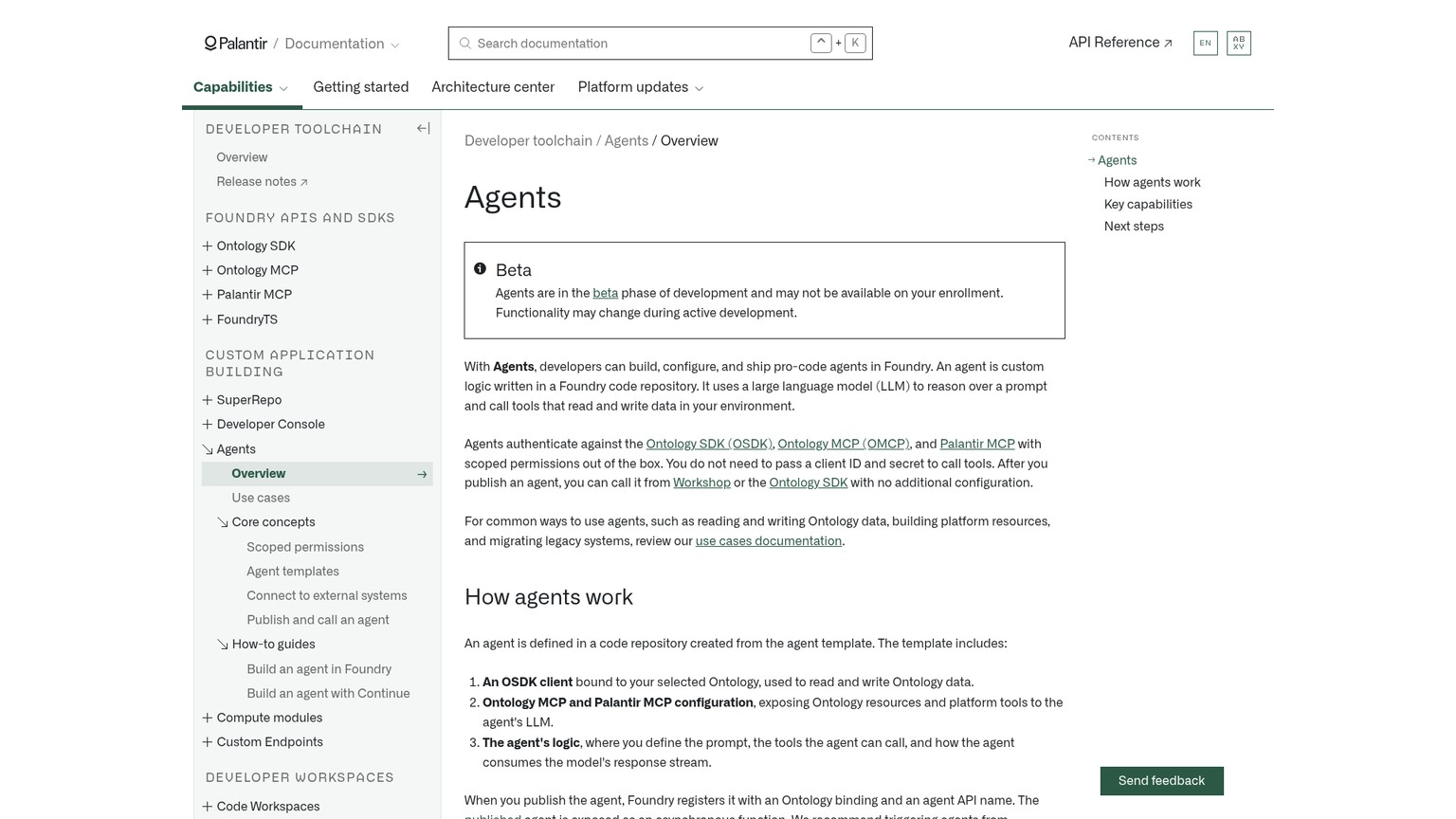 Palantir pro-code Agents beta documentation