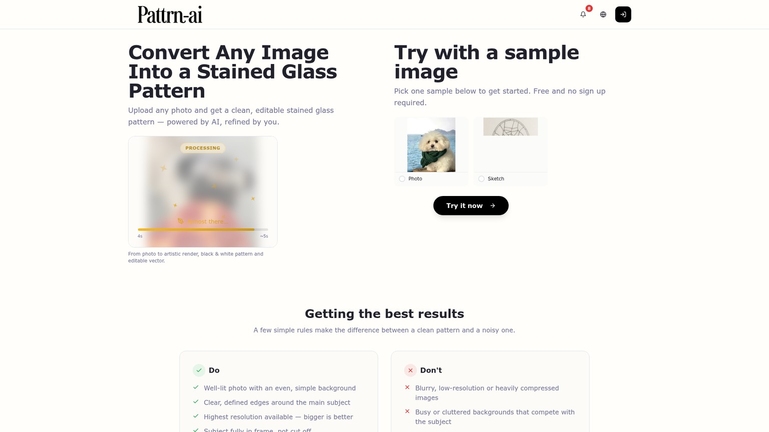 Pattrn-AI-Seite Image to Pattern mit Beispielen für Foto und Skizze
