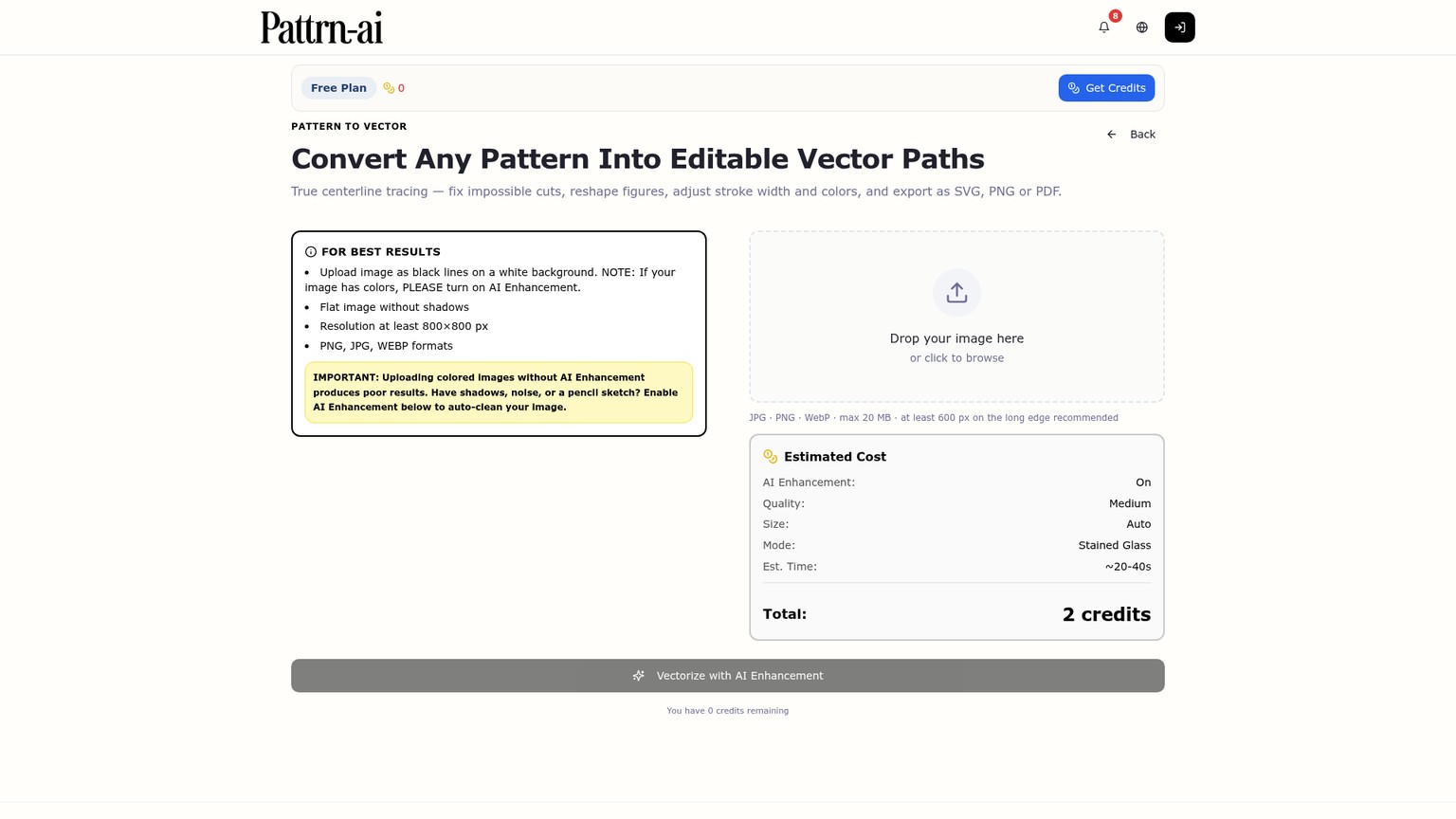 Uploadansicht von Pattrn-AI Pattern to Vector mit Optimierungs- und Glasmalerei-Einstellungen