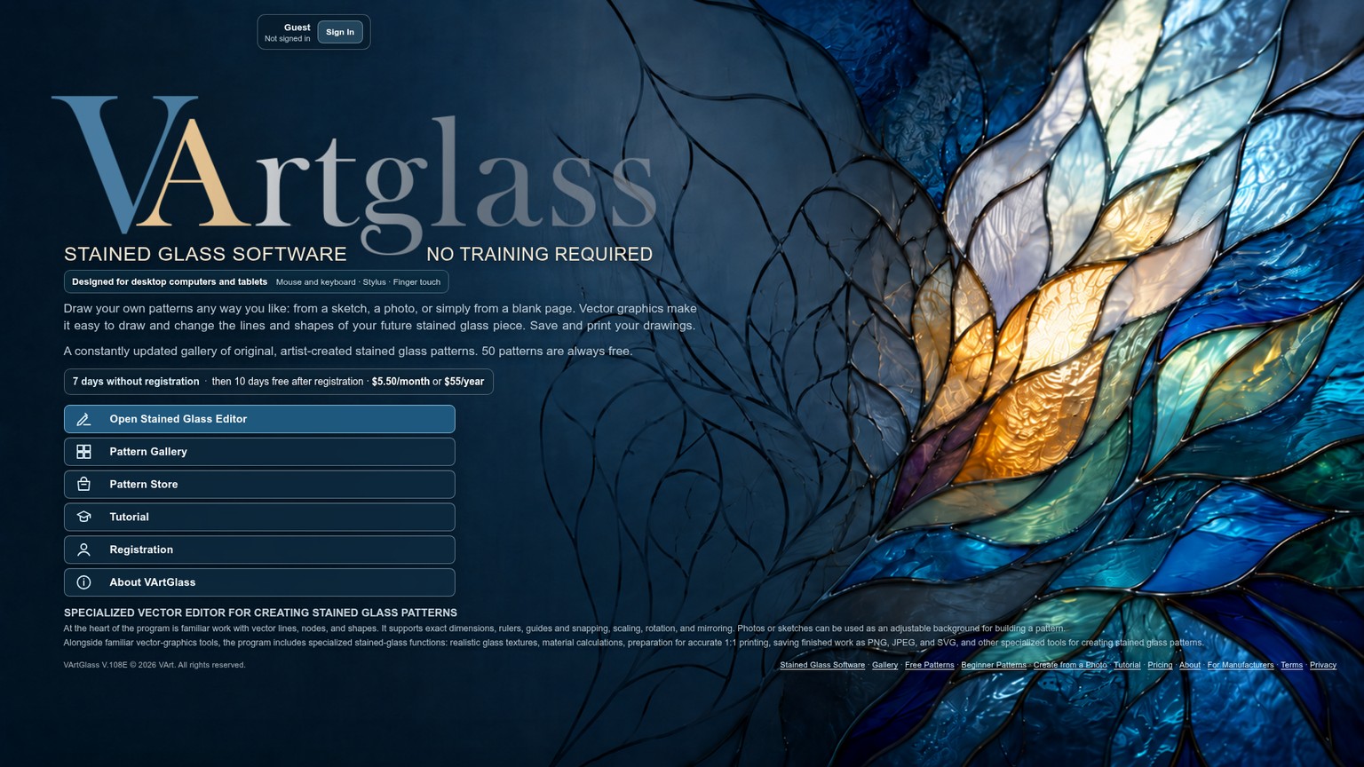 VArtGlass-Editor für manuelles Vektorzeichnen und Ausdrucke in Originalgröße
