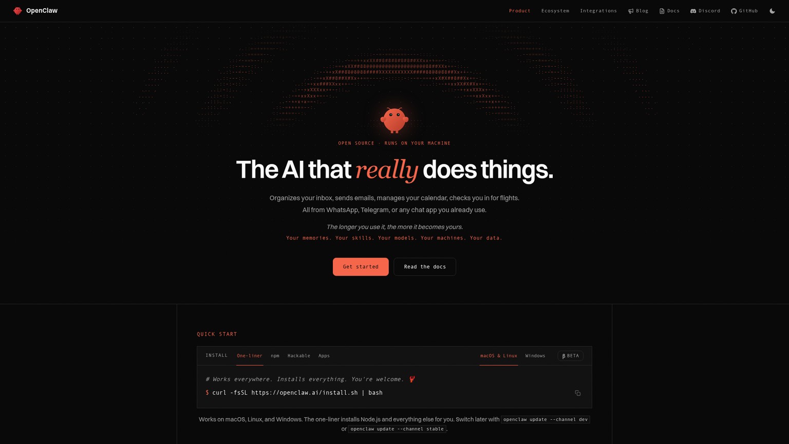 OpenClaw official site showing the self-hosted personal AI assistant