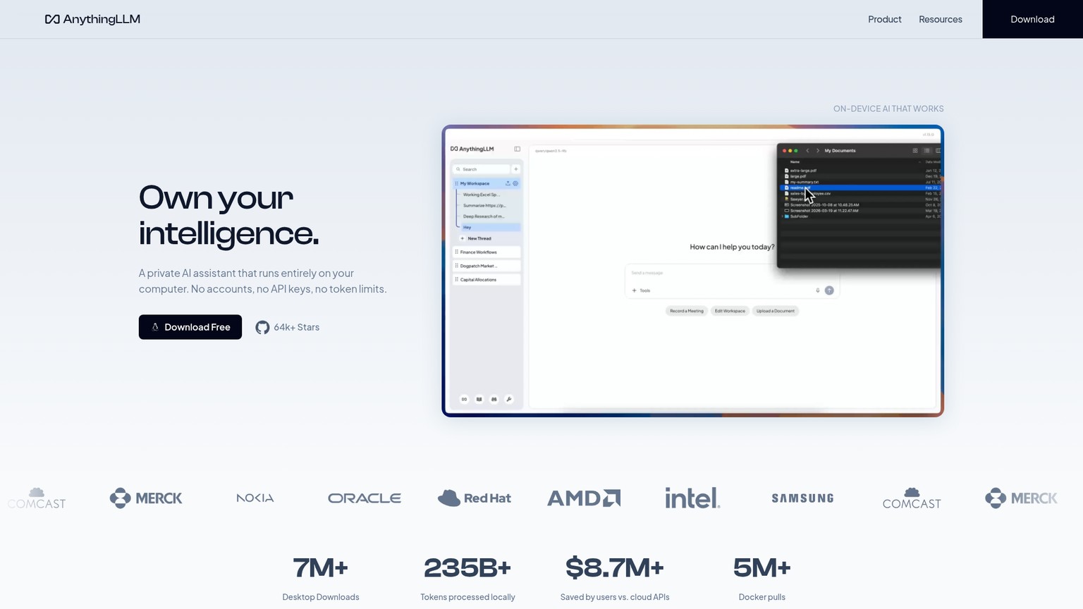 AnythingLLM official site showing its private AI document workspace