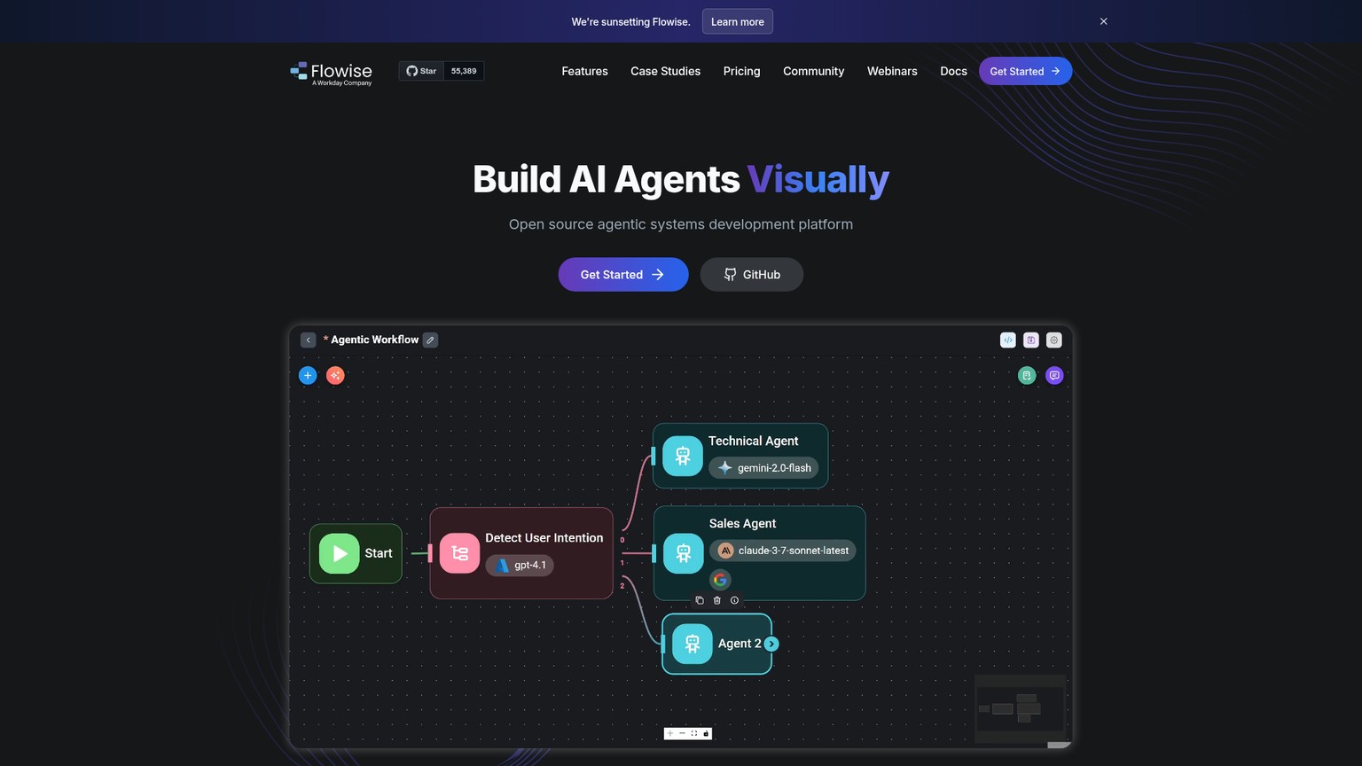 Flowise official site showing its visual AI agent and workflow builder