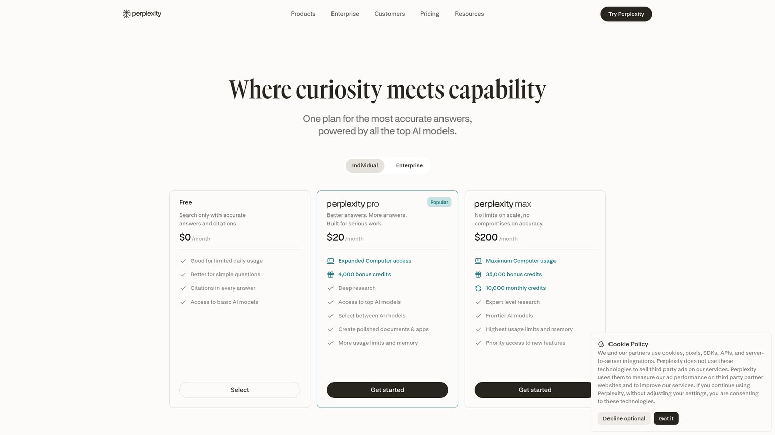 Perplexity live pricing page showing Free, Pro, and Max