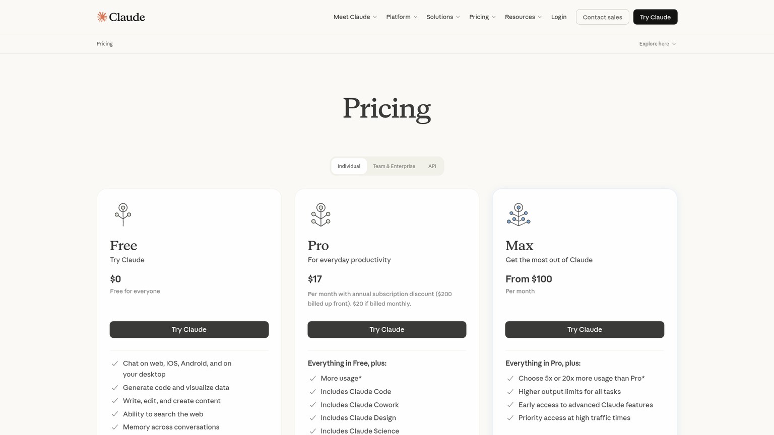Claude pricing page showing Free, Pro, and Max plans
