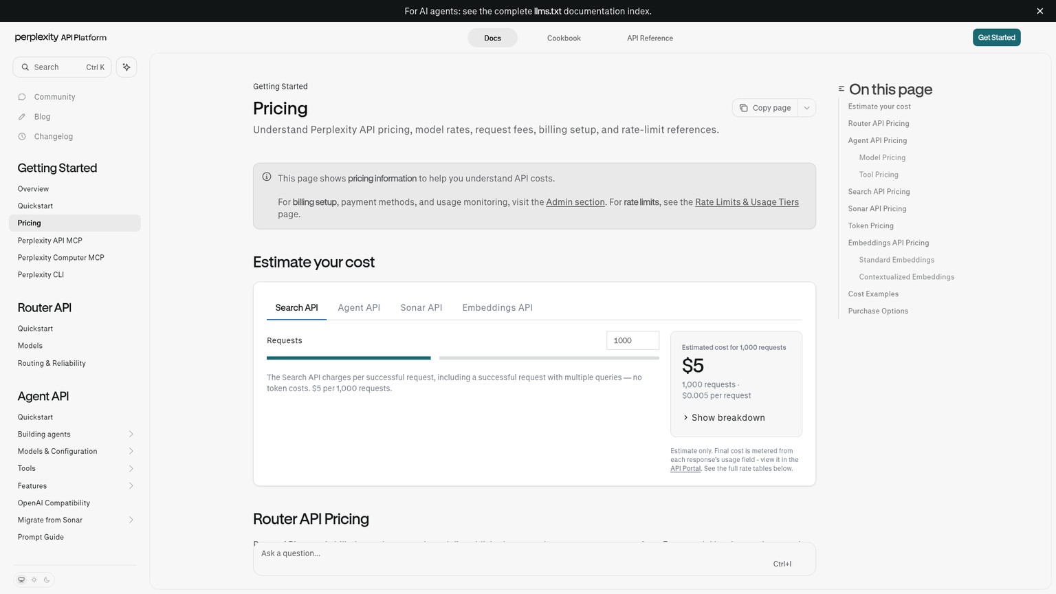 Perplexity API pricing page showing Search API pricing