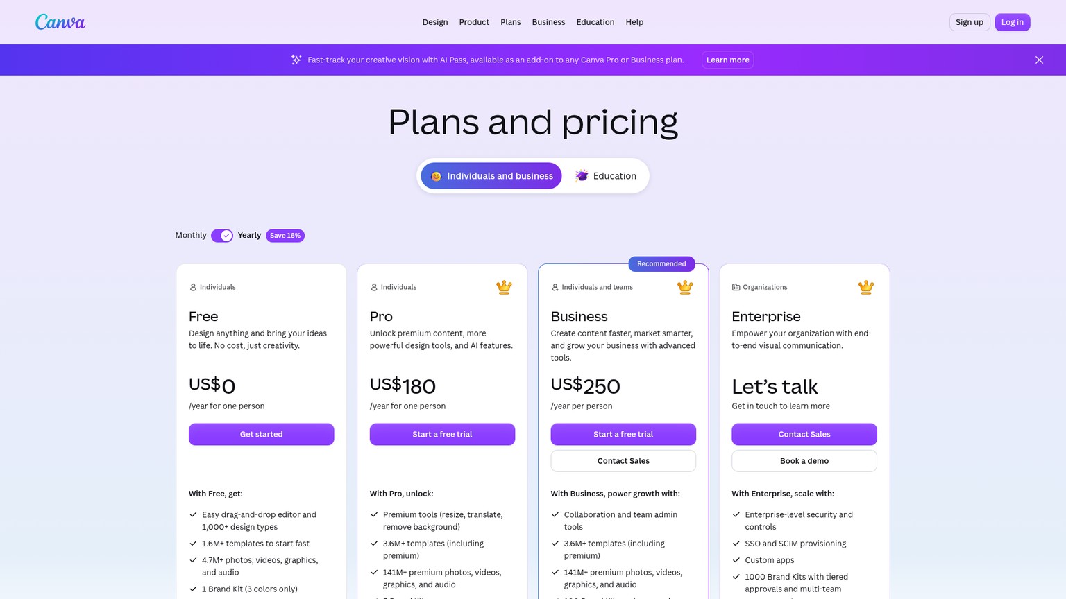 Canva Free Pro Business and Enterprise pricing