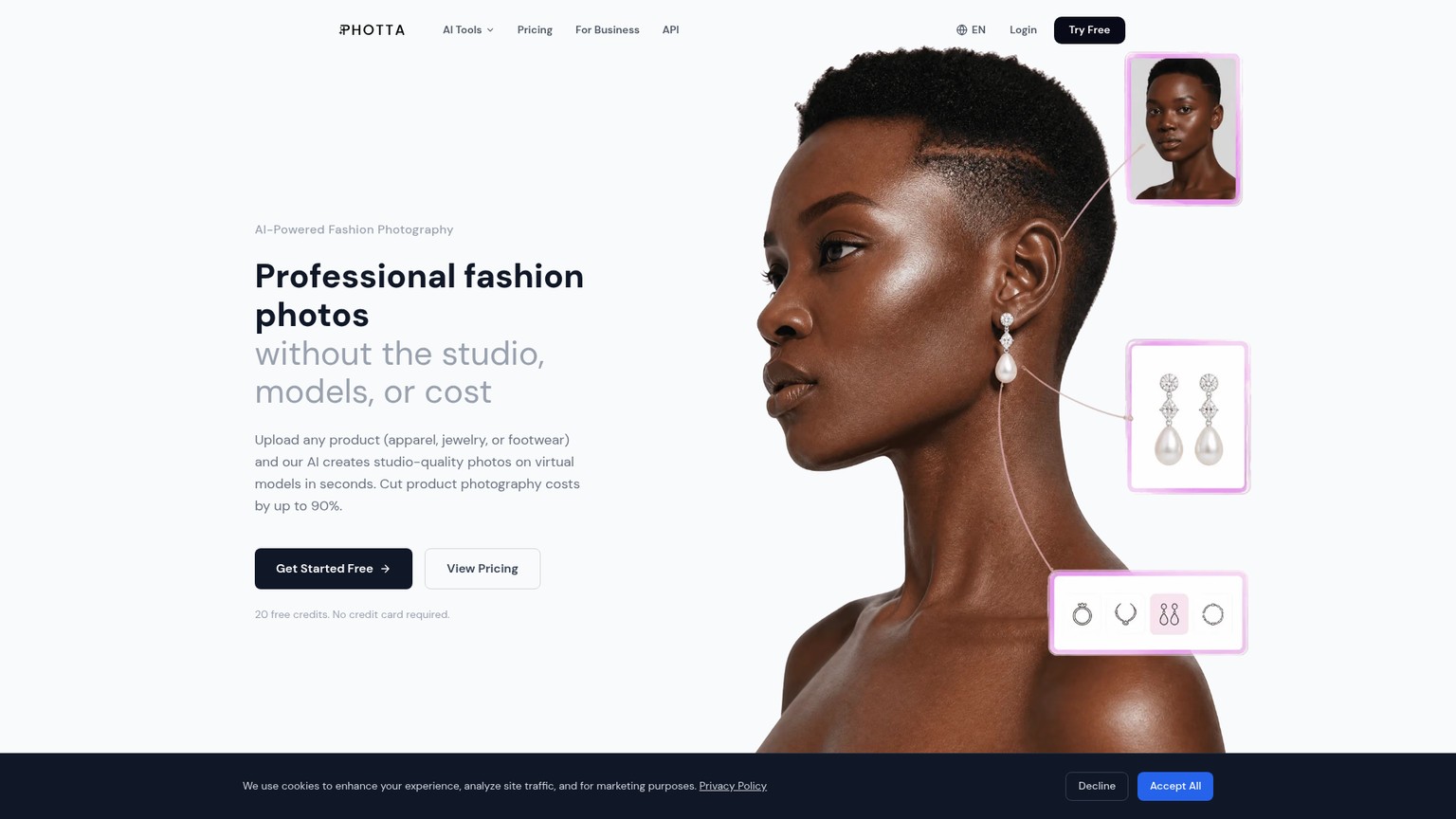Photta-Startseite mit dem Workflow für KI-Fashionfotografie und dem Jewelry Studio