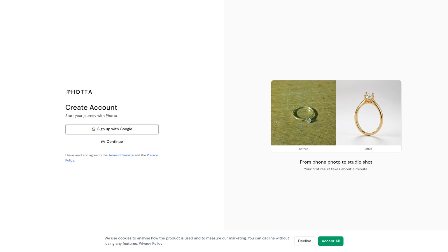 Photta-Registrierungsseite mit einem Vorher-nachher-Beispiel für ein Produktbild