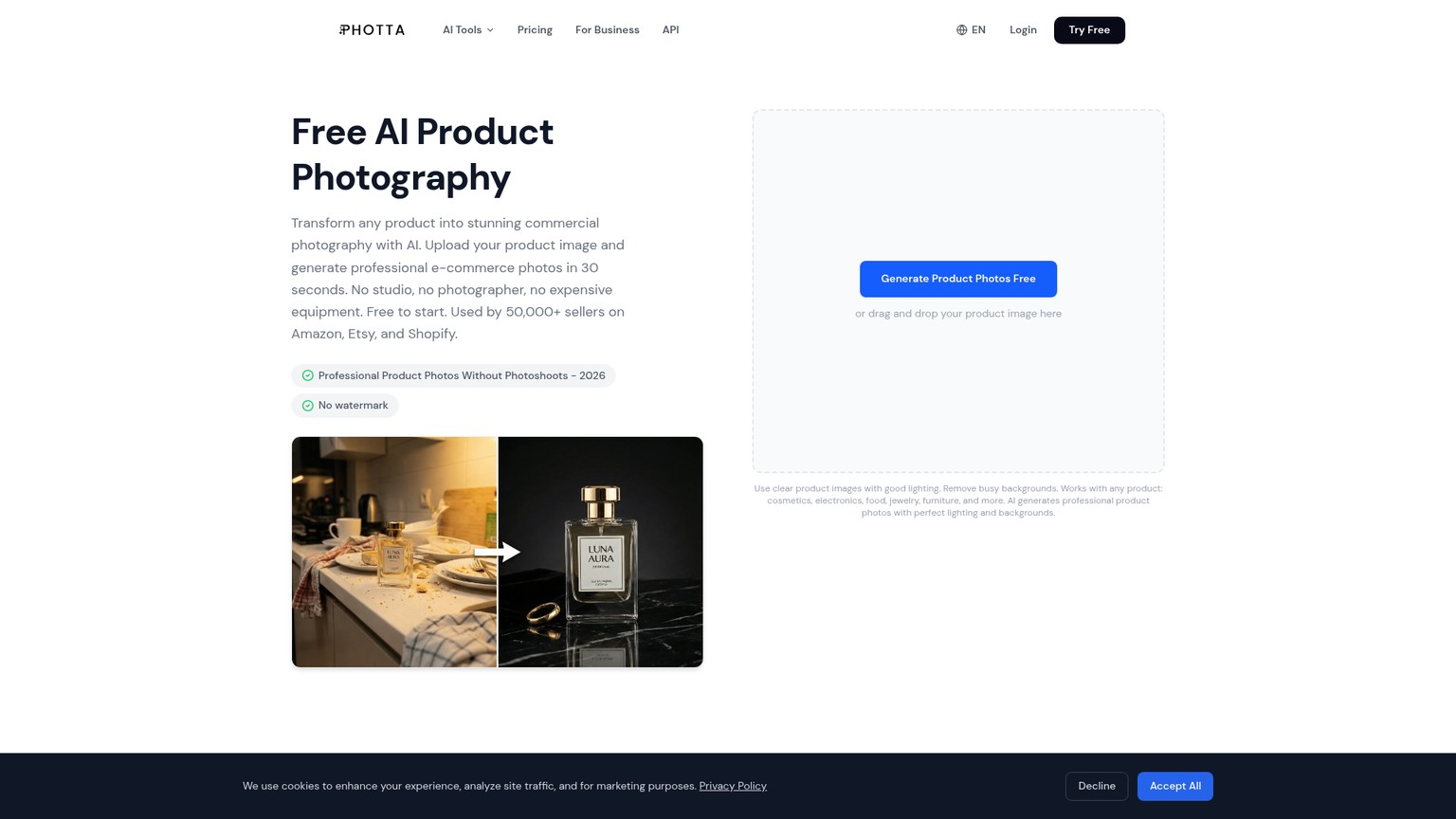 Seite von Photta Product Studio mit Upload, Szenenauswahl und Produktbild-Ausgabe