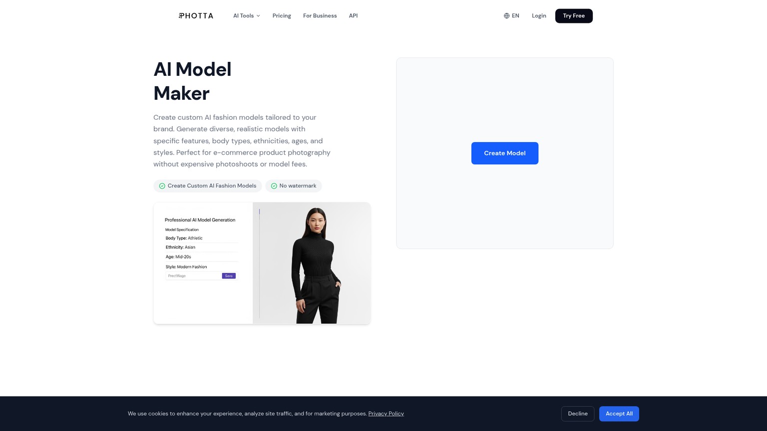 Seite von Photta Model Maker mit Modelspezifikation und wiederverwendbarem Model-Workflow