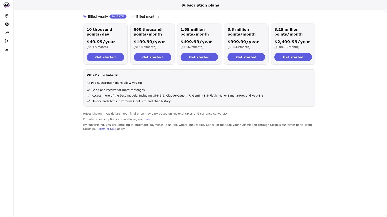 Poe subscription pricing page showing five paid point allowances