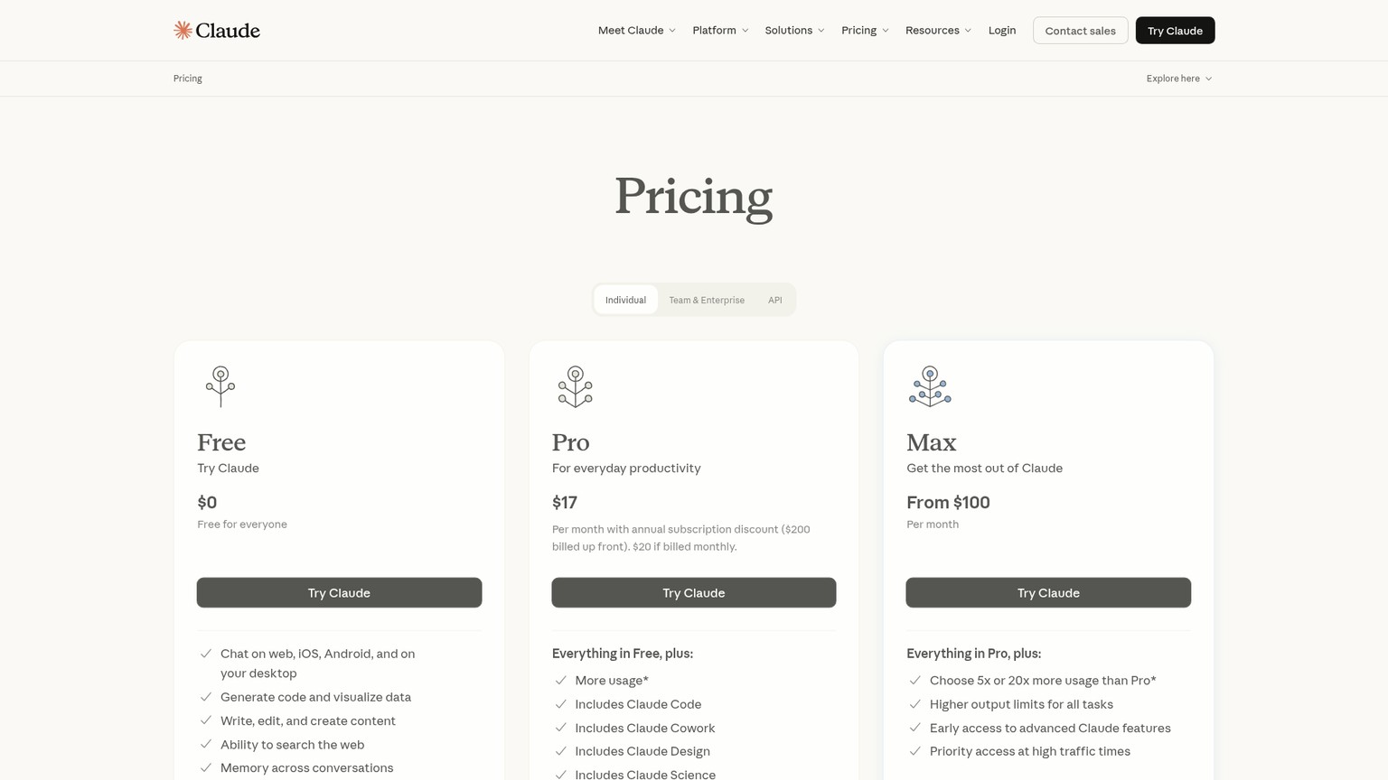 Official Claude pricing page showing Pro monthly and annual prices