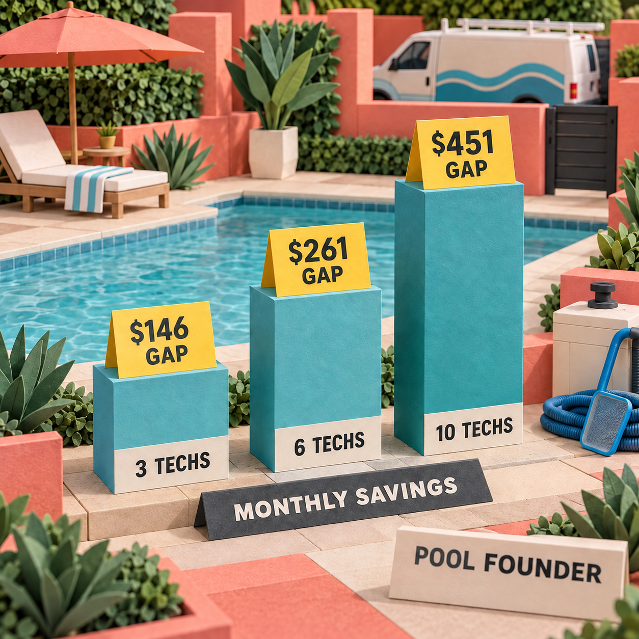 Paper column chart showing the monthly Pool Founder savings at three, six, and ten technicians