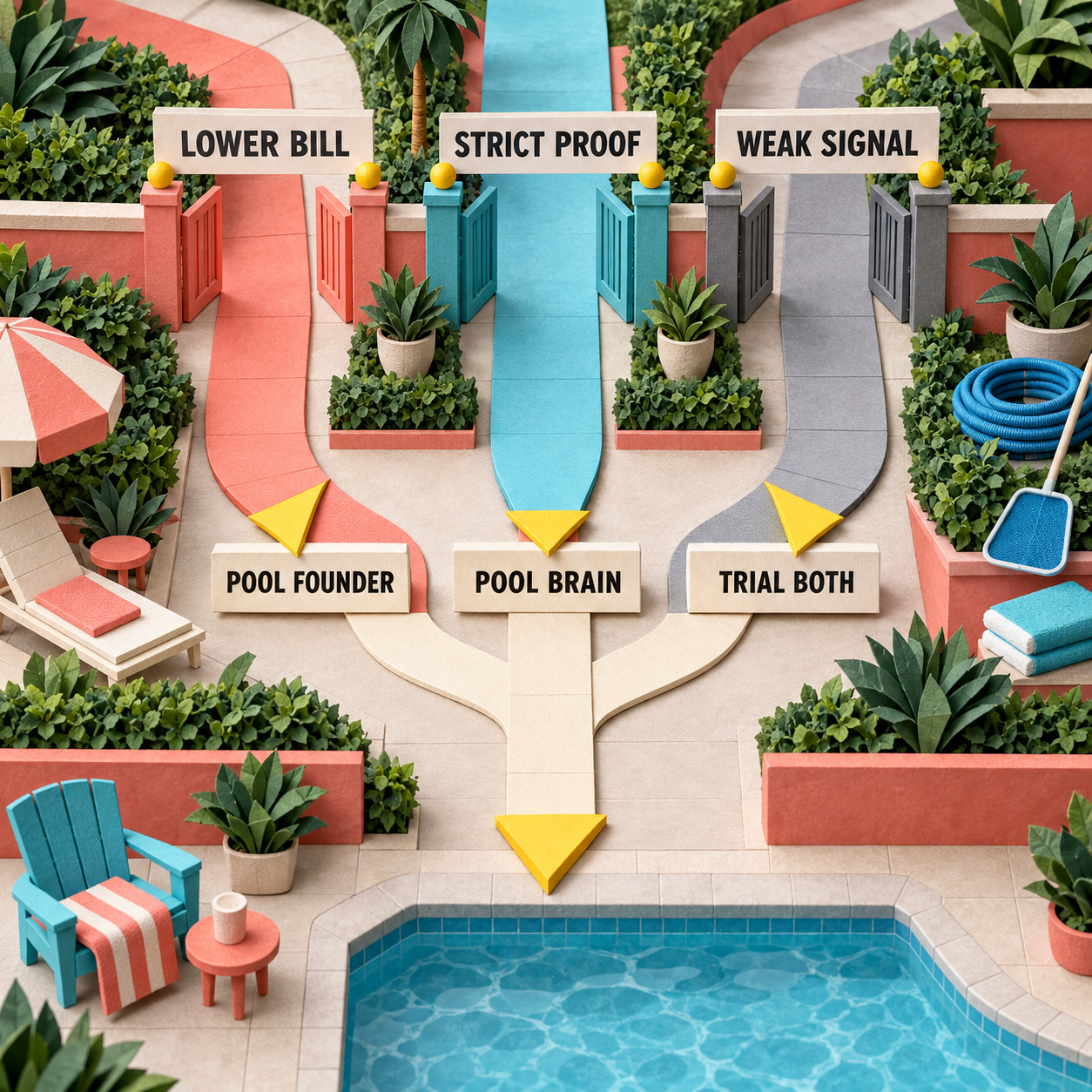 Paper decision path routing lower cost to Pool Founder, strict proof to Pool Brain, and weak signal to a route trial