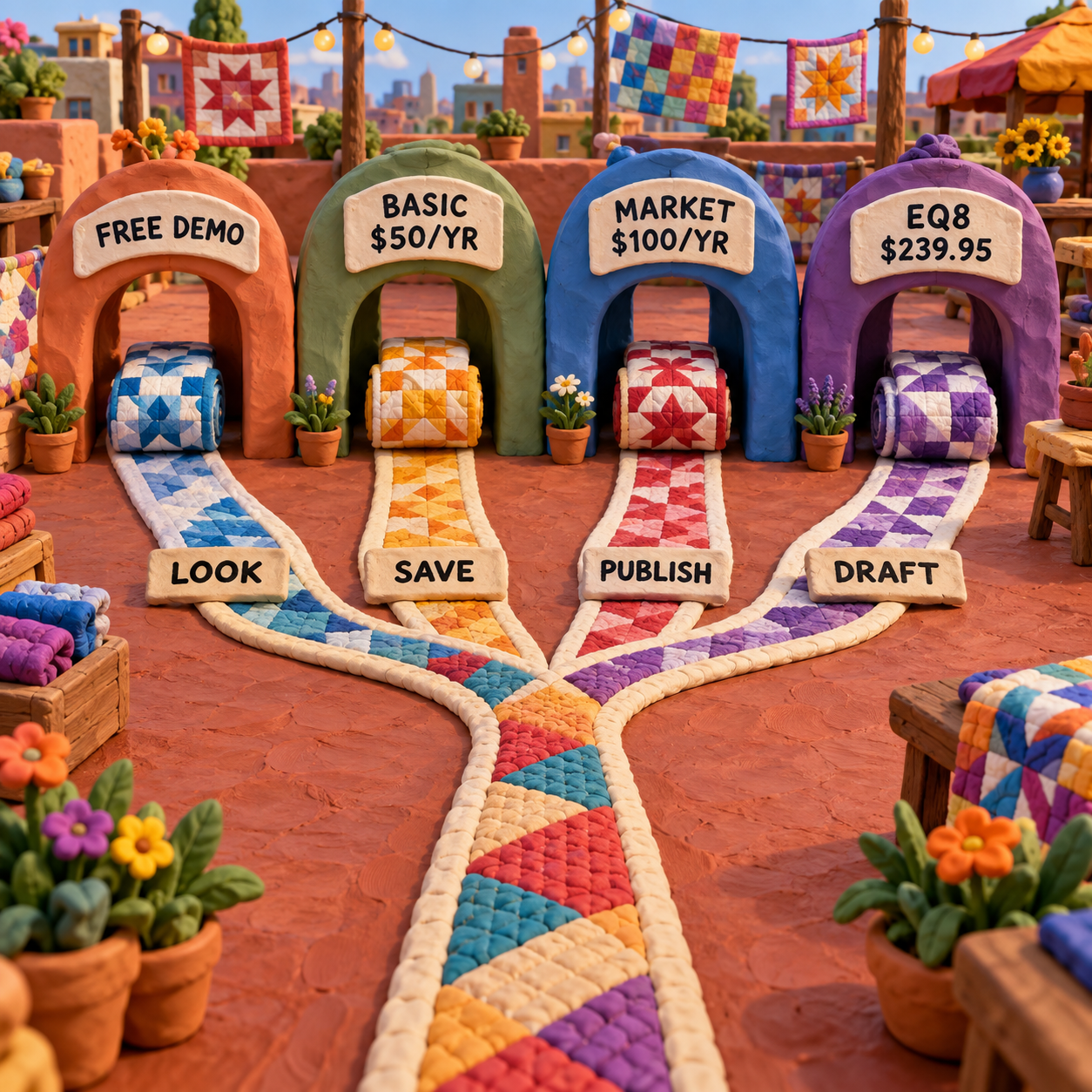 Clay decision map routing quilt projects to the free demo, Basic, Market or EQ8