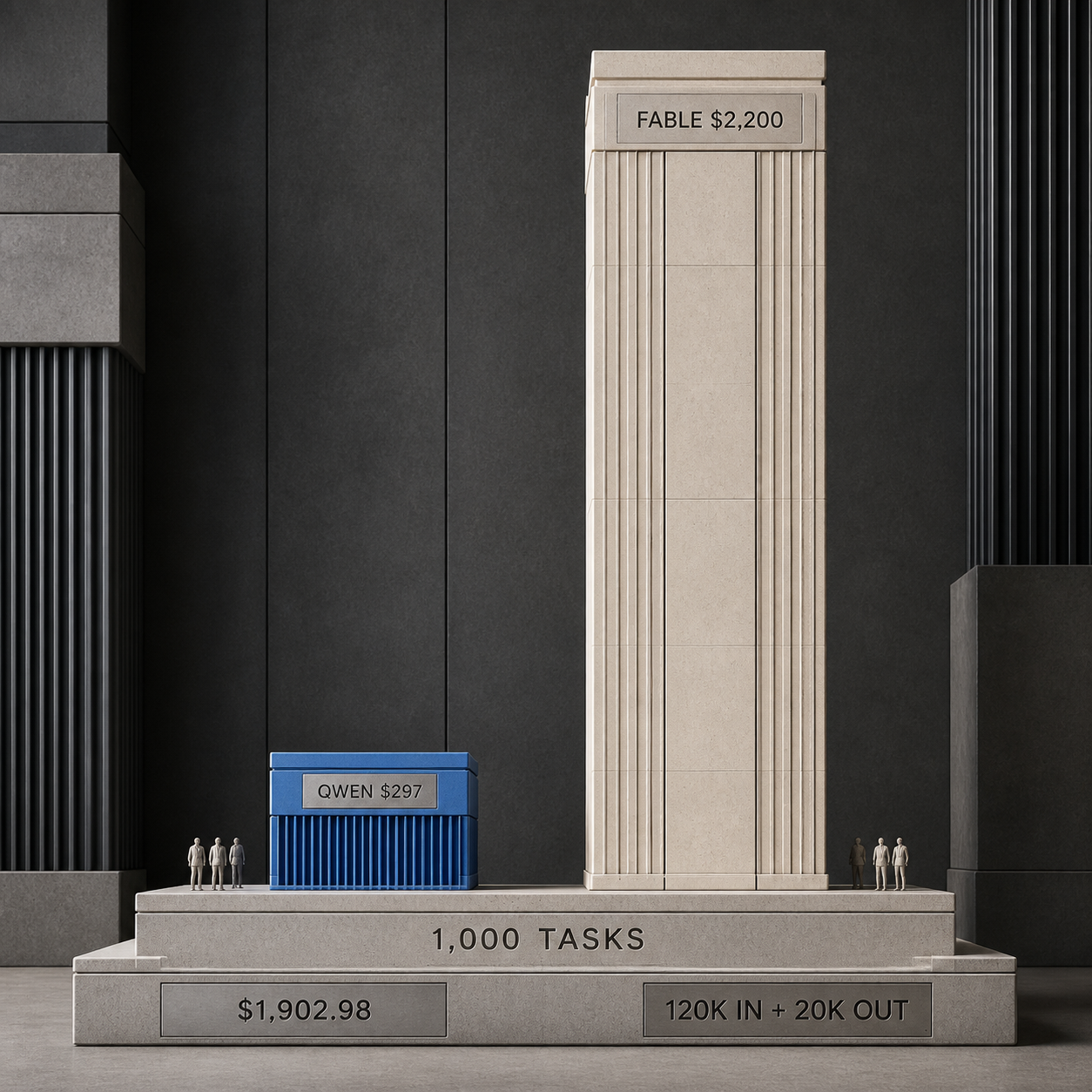 Architectural column chart comparing 1000 normalized coding-agent tasks at 297 dollars on Qwen and 2200 dollars on Claude Fable