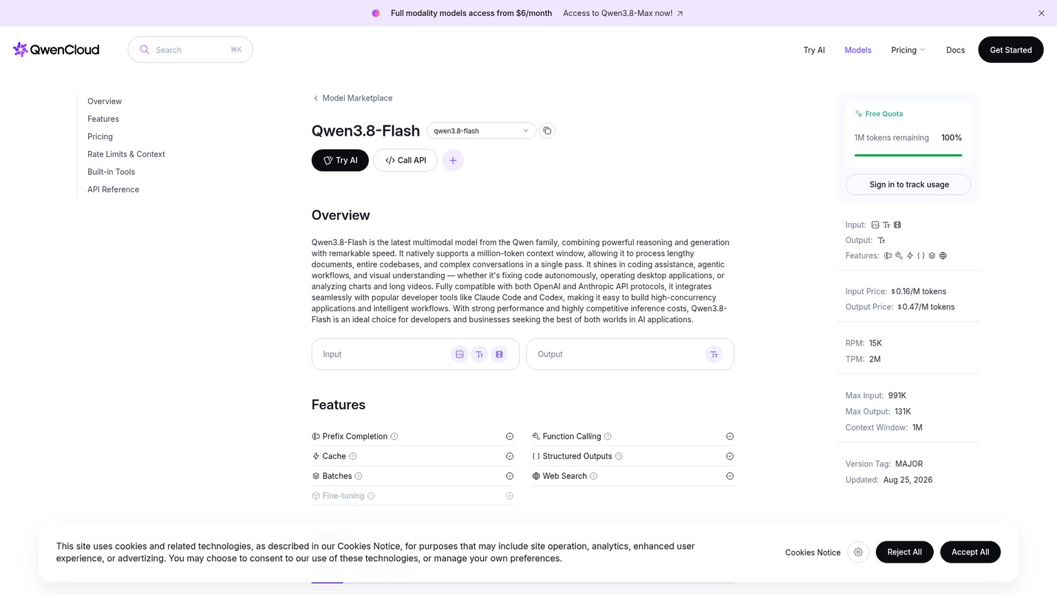 QwenCloud Qwen3.8-Flash model, pricing, features, and rate limits page