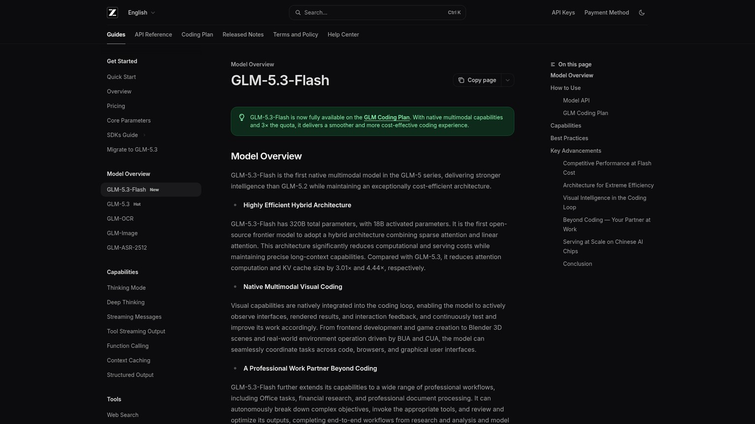 Z.ai GLM-5.3-Flash model guide with coding plan, capabilities, and operating settings