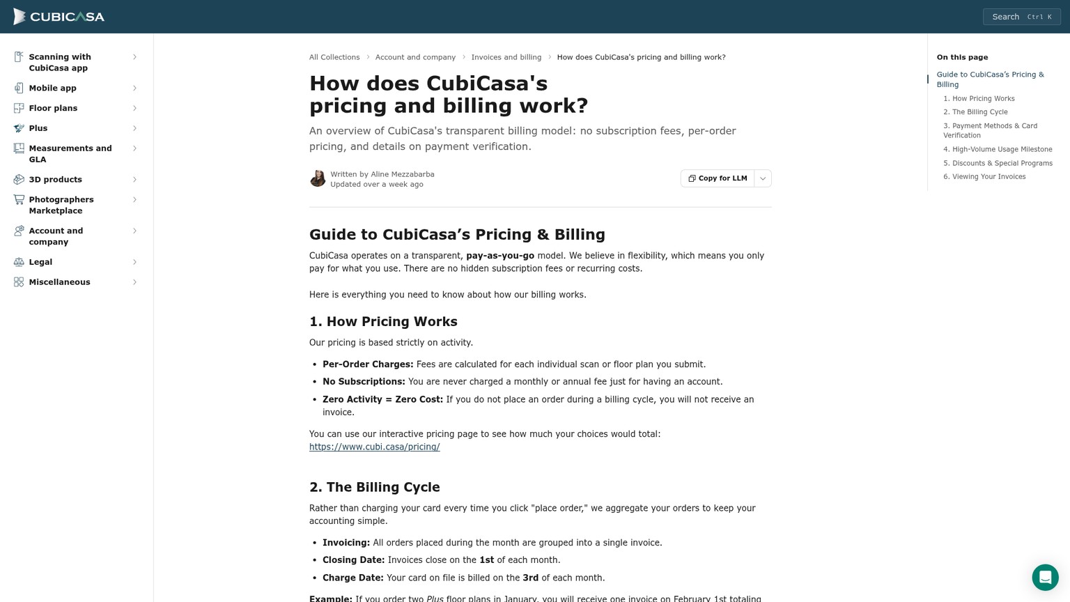 دليل الأسعار والفواتير في CubiCasa
