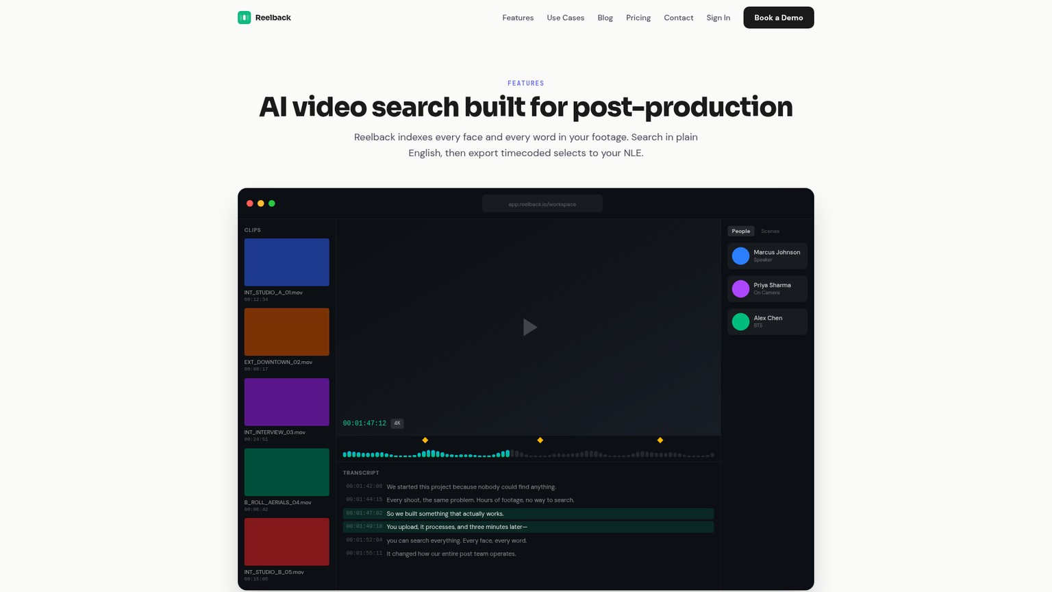 Página de recursos do Reelback mostrando clipes de exemplo, transcrição com timecode, pessoas, busca e seções de exportação para NLE