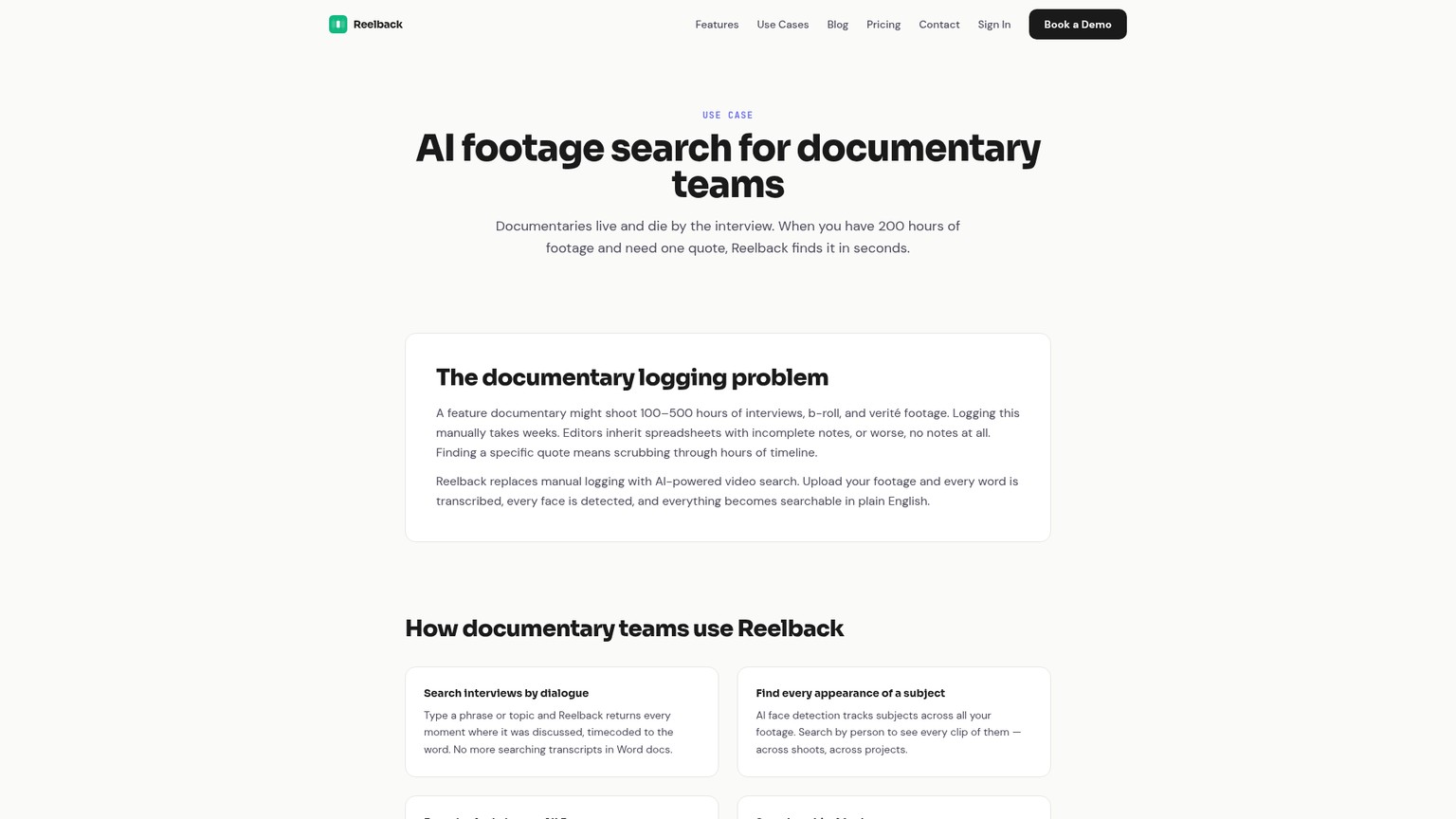 Página do Reelback para documentários descrevendo busca por diálogo, aparição de pessoas, material de arquivo e fluxo de seleção para NLE