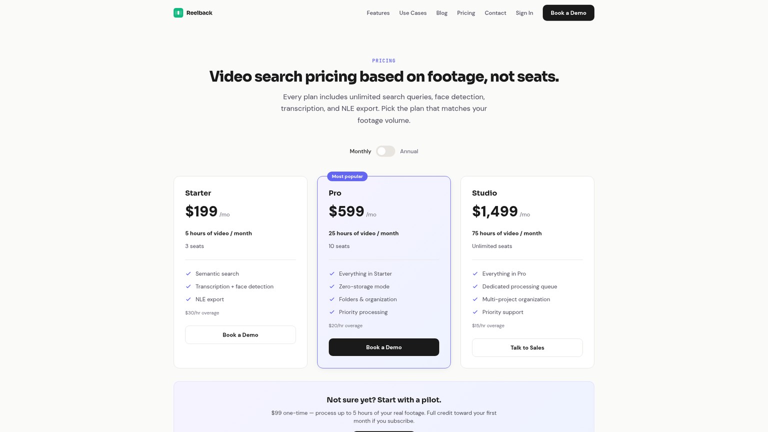 Página de preços do Reelback mostrando os planos Starter, Pro e Studio, as tarifas excedentes e o piloto pago