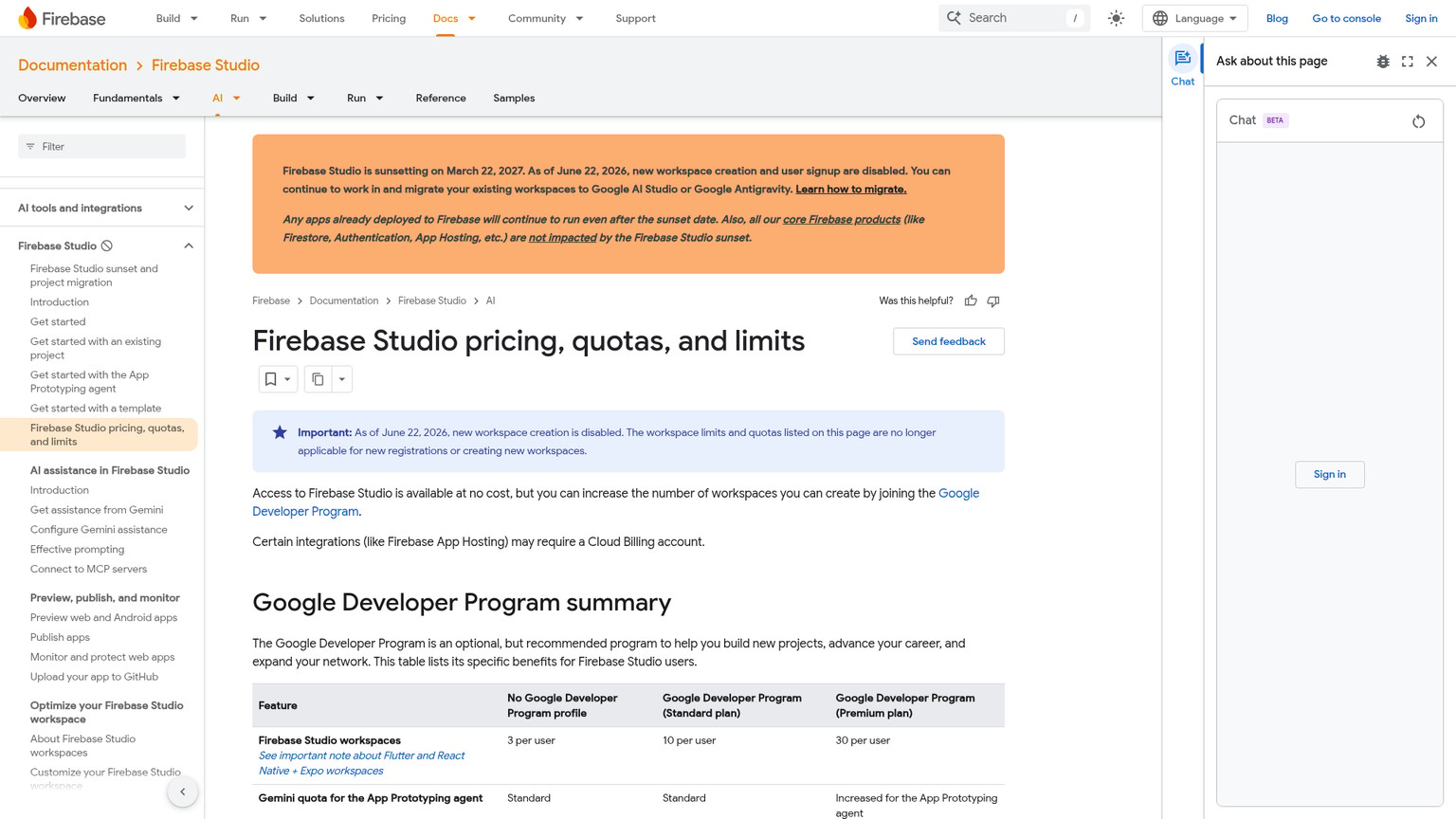 Firebase Studio documentation showing the signup closure and sunset notice