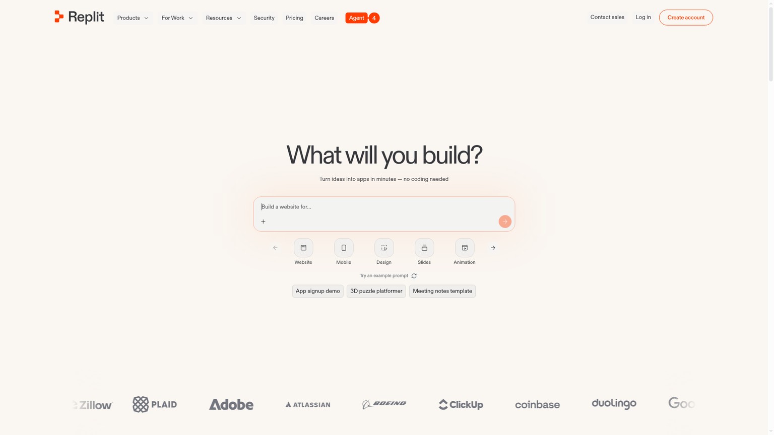 Replit homepage showing the Agent 4 app builder