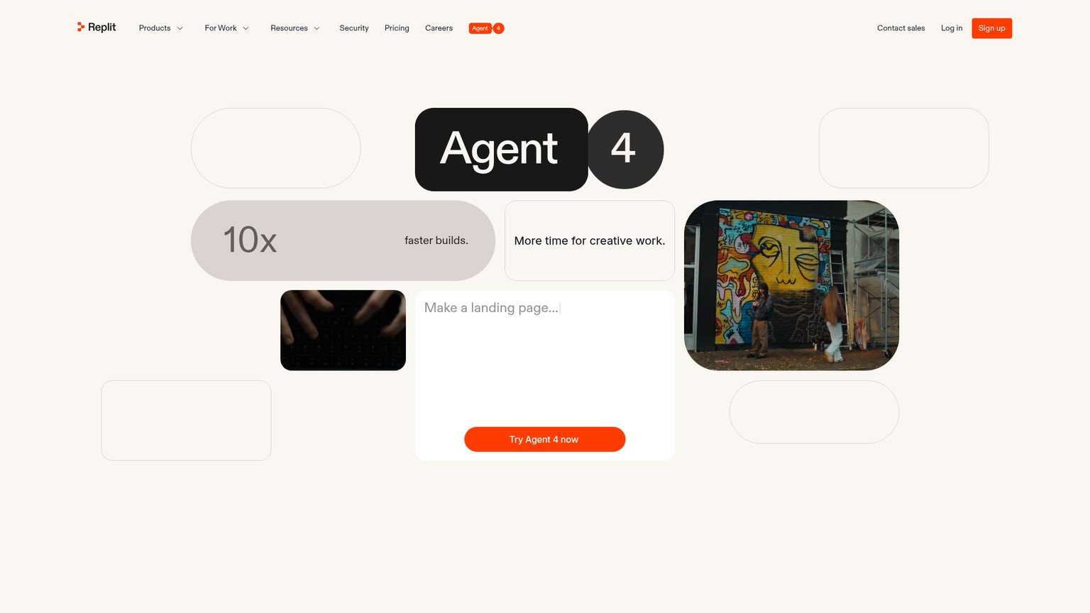 Replit Agent 4 page showing parallel agents and task workflows