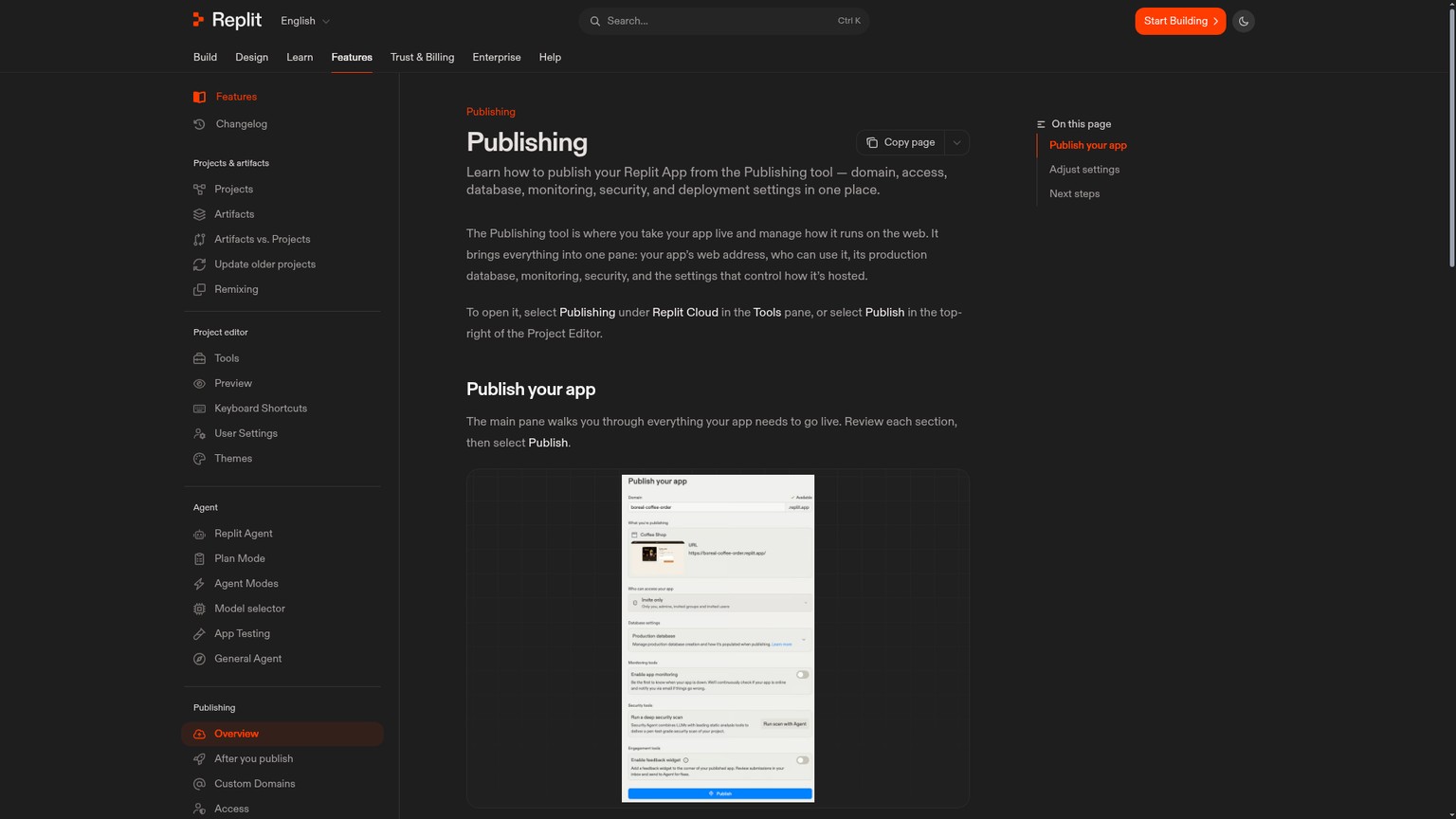 Replit Publishing pane with domain access database monitoring and security settings