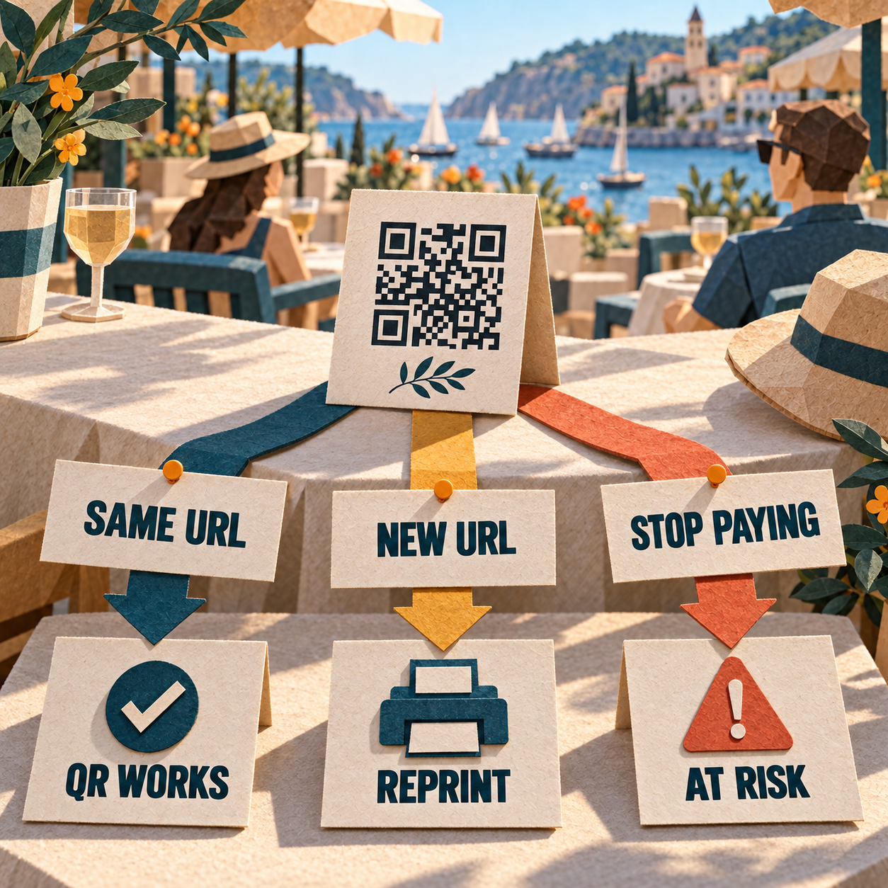 Paper-craft decision flow showing how the same URL preserves a QR while a new URL or stopped subscription creates reprint risk