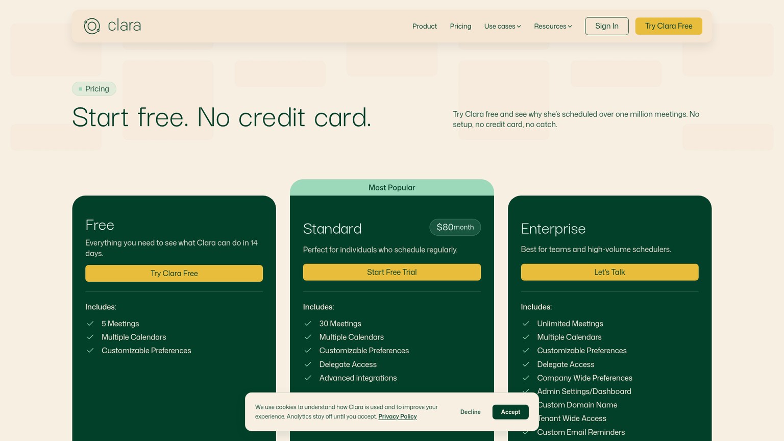 Clara AI scheduling assistant pricing page