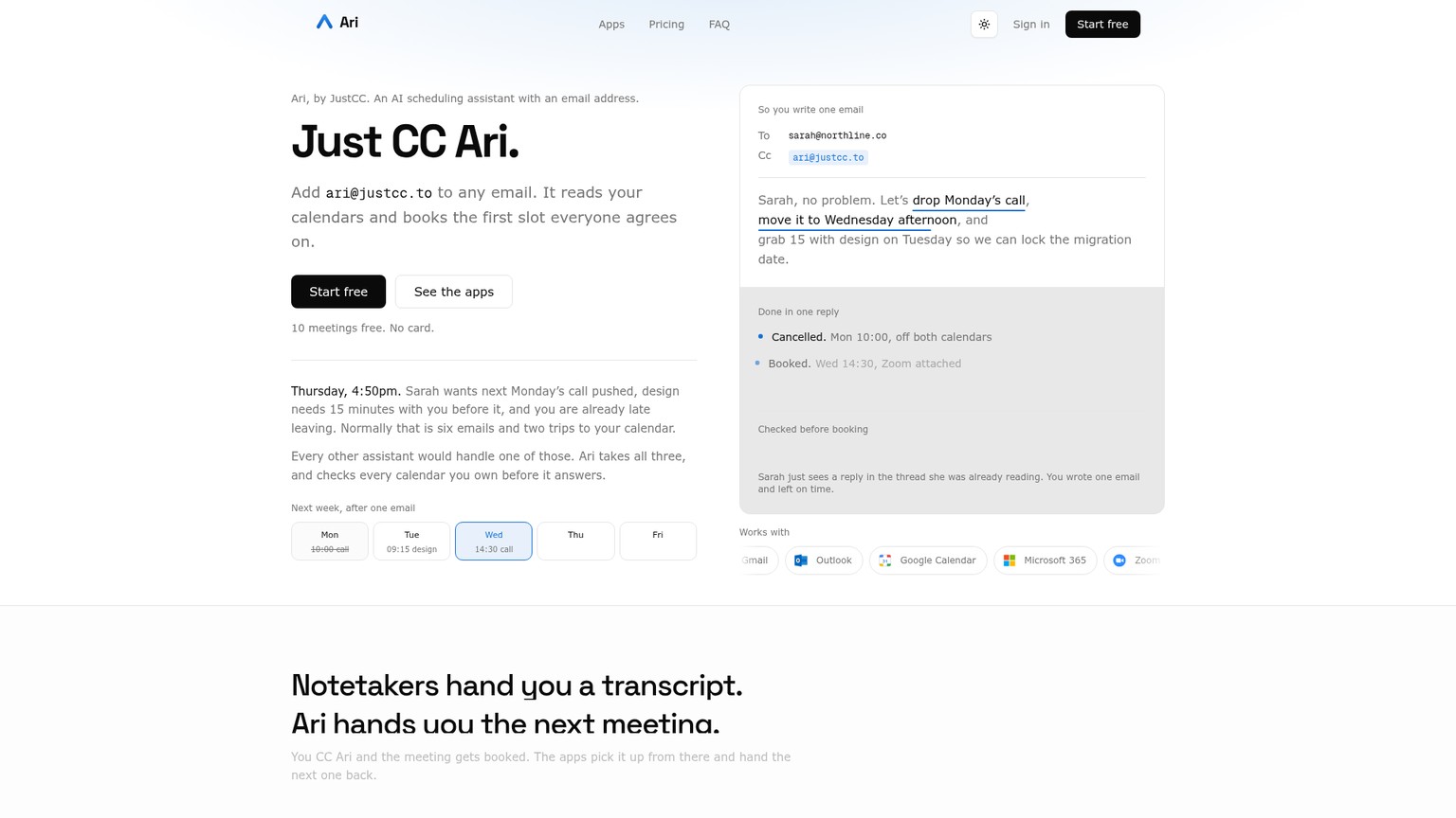 Ari by JustCC AI email scheduling assistant pricing section